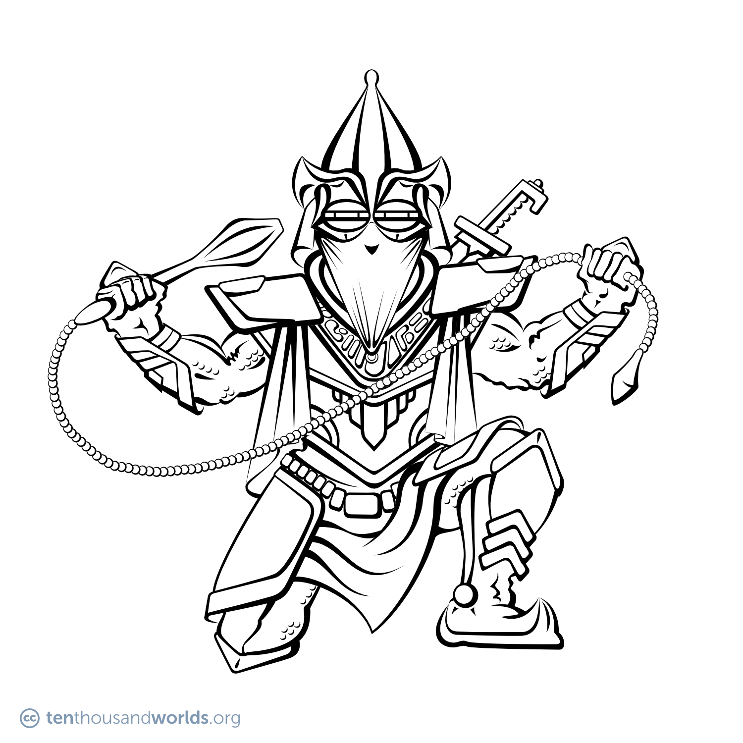 An ink outline of a stocky warrior in full armor, a conical helmet, and a pectoral full of semi-precious stones; down on one knee; holding a weapon in both hands that consists of a chain with a club on one end and a weight on the other; preparing to make it spin.