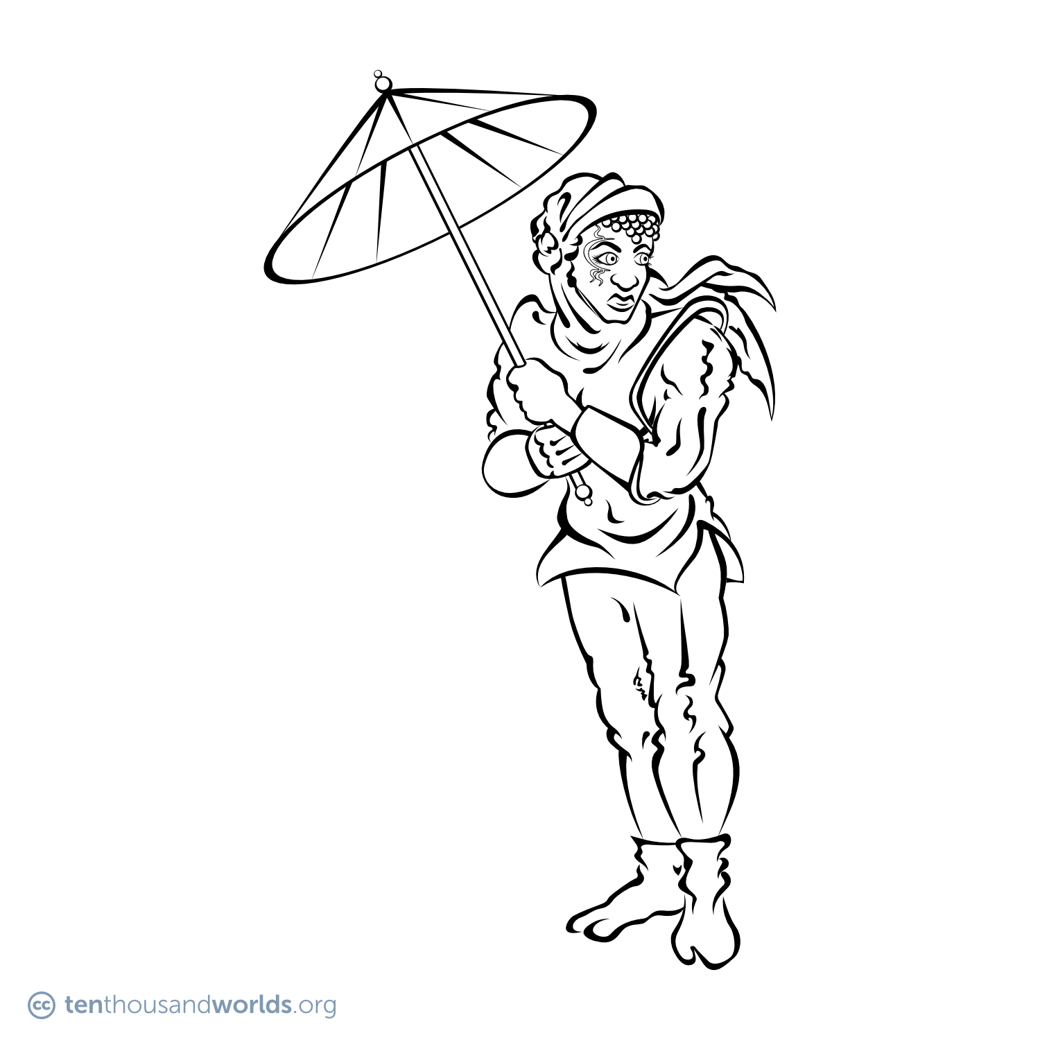 An ink outline of a woman with a facial tattoo holding a parasol, wearing a loosely-draped pantsuit and split-toe boots, whose tight curls are peaking out the front of her head wrap.