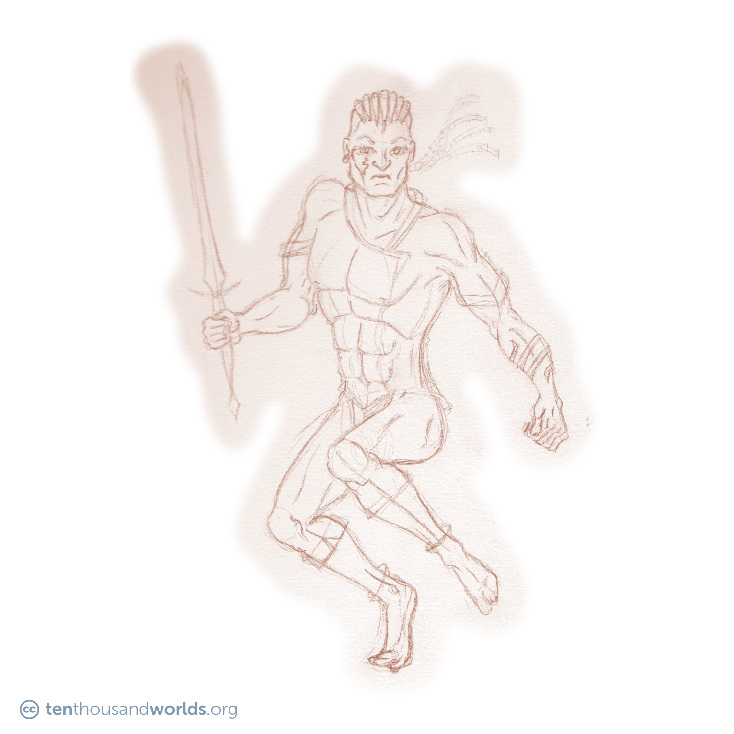 A pencil sketch of a man in mid-leap holding a sword. He wears knee-length trousers and an asymmetrical short-sleeved shirt. He has facial and forearm tattoos, the sides of his head are shaved, and the rest of his hair is styled into long braids which fly out behind him.