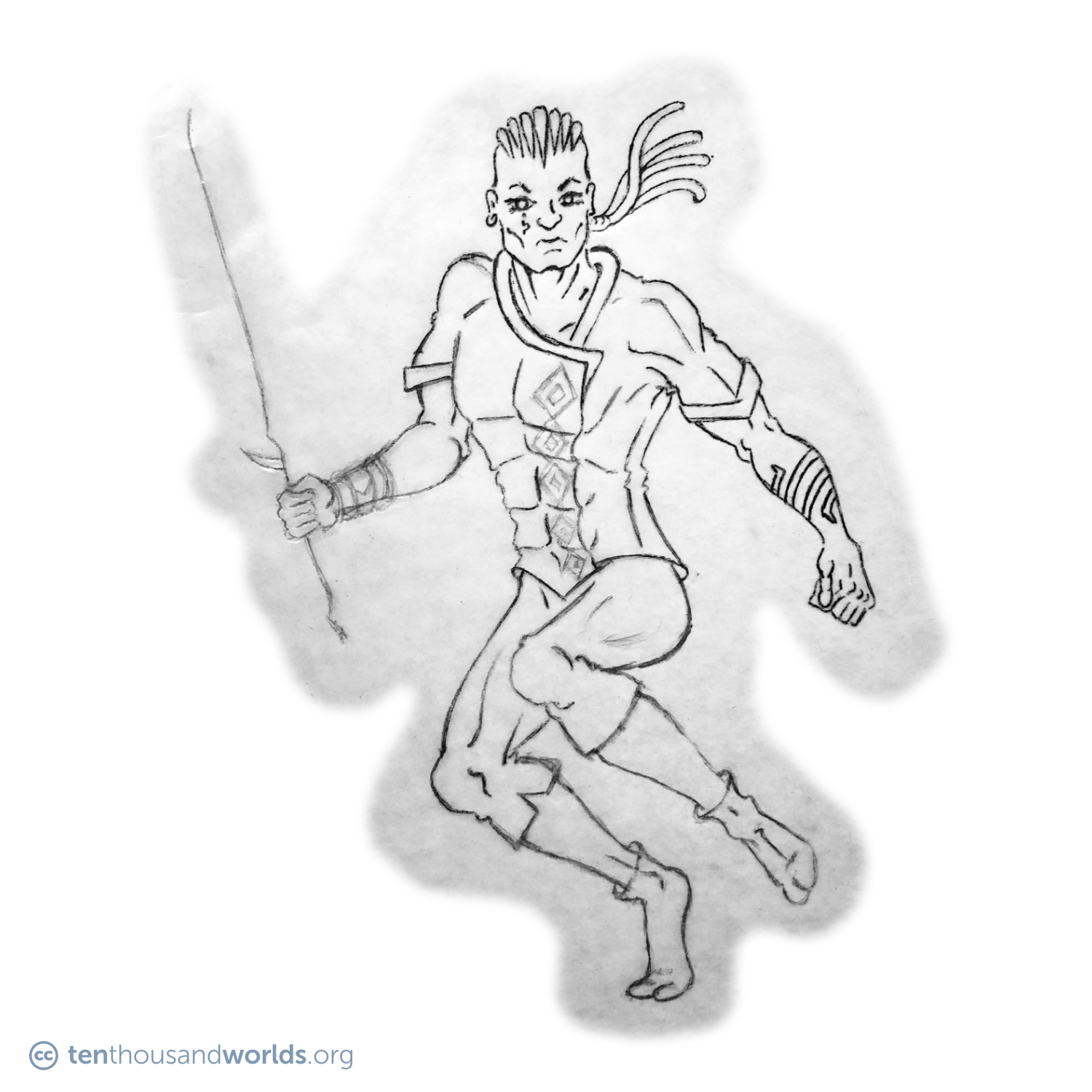 An ink outline of a man in mid-leap holding a sword. He wears knee-length trousers and an asymmetrical short-sleeved shirt. He has facial and forearm tattoos, the sides of his head are shaved, and the rest of his hair is styled into long braids which fly out behind him.