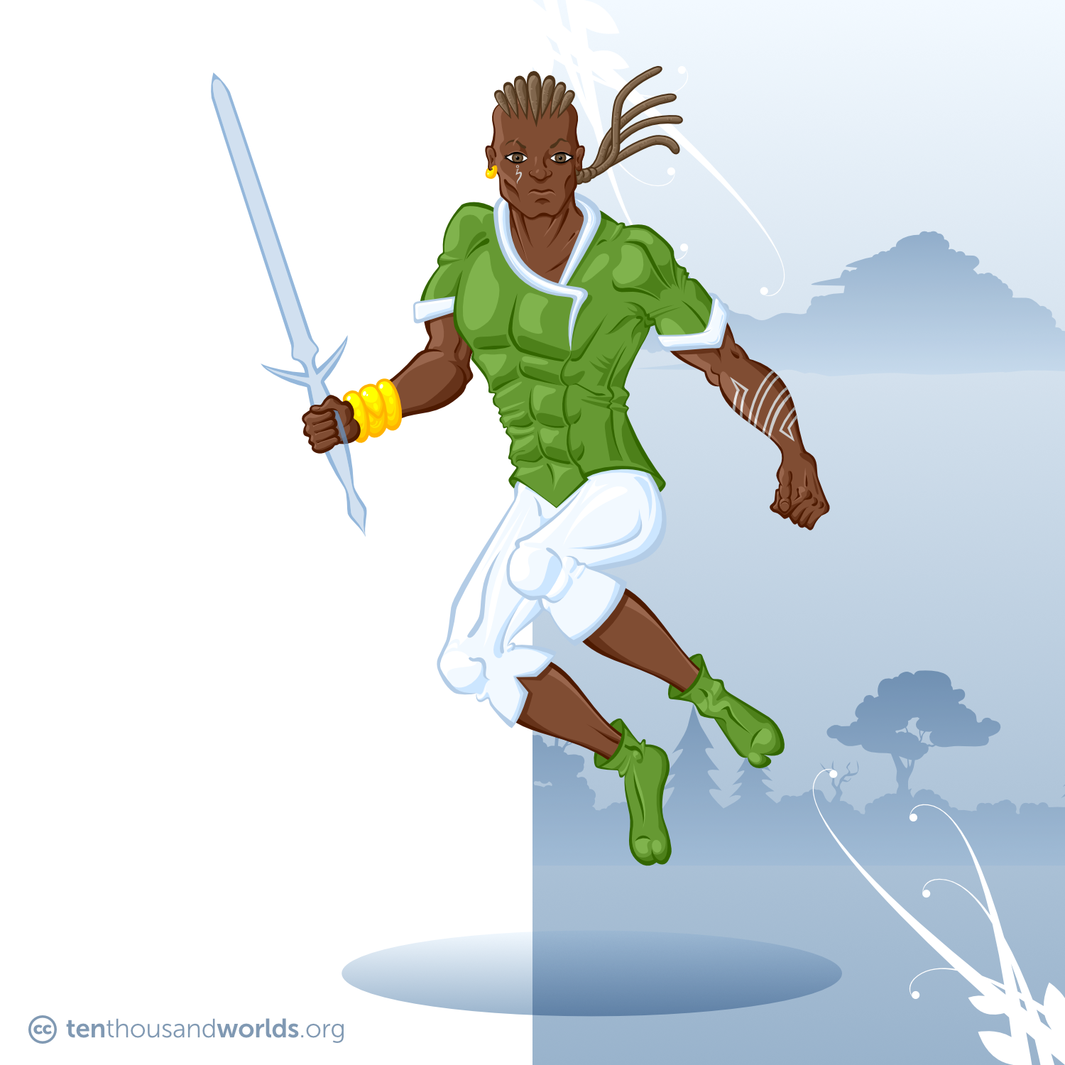 A man in mid-leap holding a transparent sword. He wears knee-length white trousers and a green asymmetrical short-sleeved shirt. Silvery facial and forearm tattoos adorn his brown skin, the sides of his head are shaved, and the rest of his hair is styled into long braids which fly out behind him.