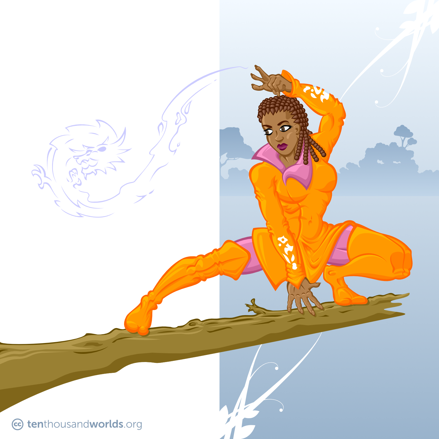 A woman crouched on a tree branch in a martial pose, one hand upraised to make mystic sign from which a misty dragon shape uncoils itself into the air. She wears elegant copper-brown corn-rows, tall split-toe orange boots, and an asymmetrical orange coat adorned with white magical runes on the sleeves.