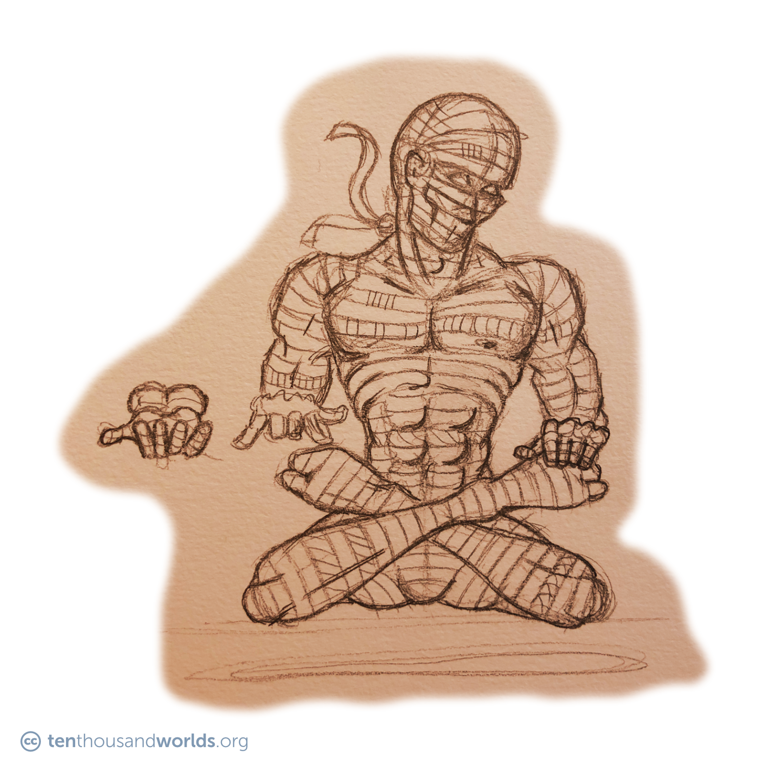A pencil sketch of a cross-legged man-like being wrapped head-to toe in bandages.