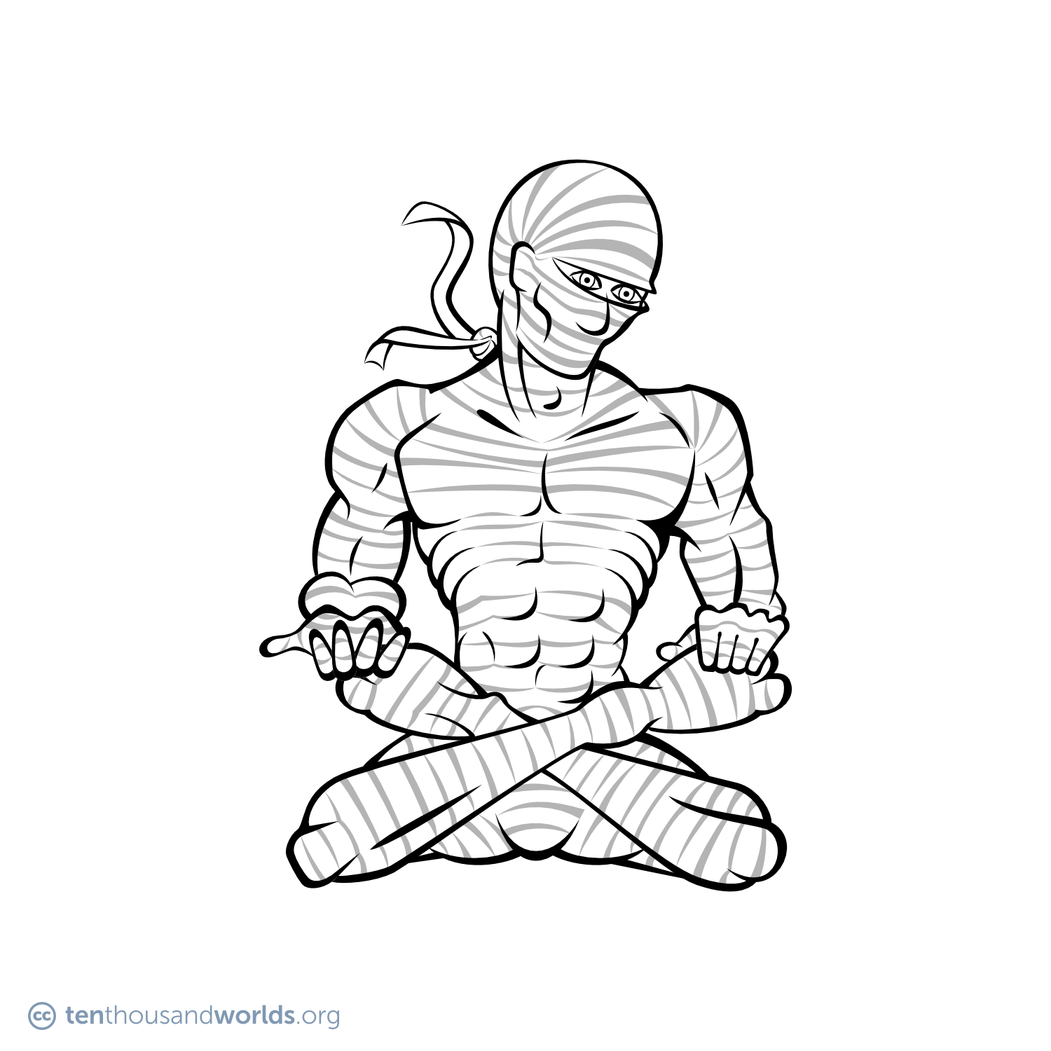 An ink outline of a cross-legged man-like being wrapped head-to toe in bandages.