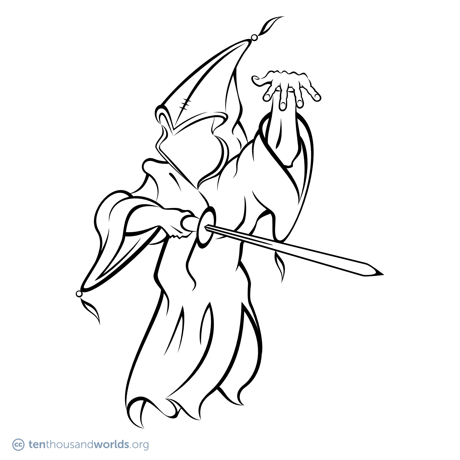 An ink outline of a faceless figure wrapped in voluminous robes with a pointed, tasseled hood; disappearing below the robes’ bottom edge; left hand raised to make an incantation; right hand holding a sword.