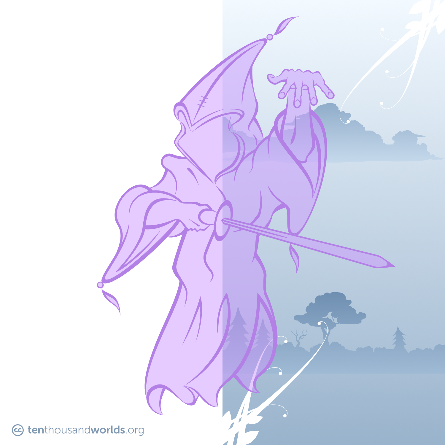 A translucent, violet faceless figure wrapped in voluminous robes with a pointed, tasseled hood; invisible below the robes’ bottom edge; left hand raised to make an incantation; right hand holding a sword.
