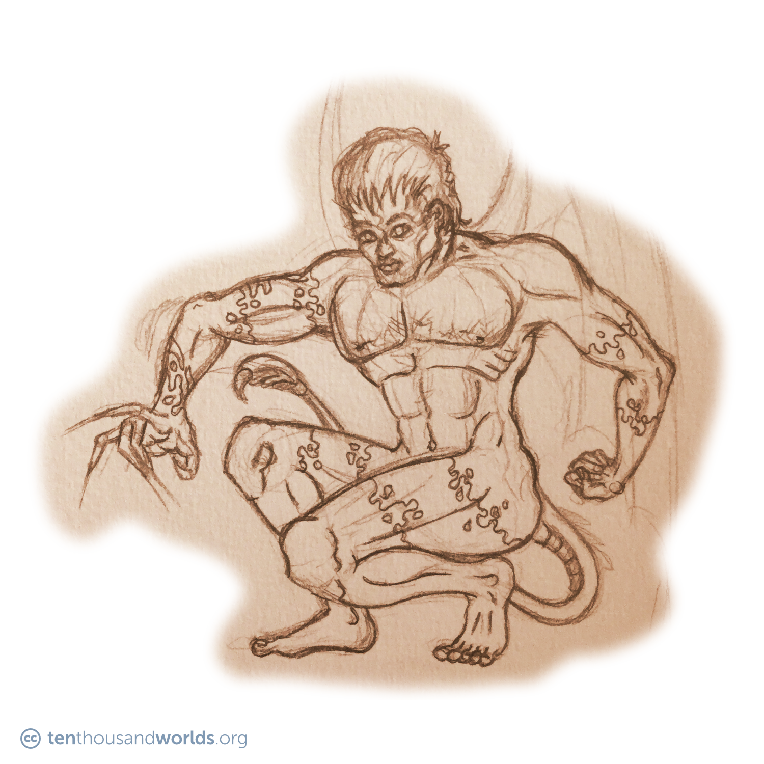 A pencil sketch of a crouching human-like figure covered in changing skin patterns, sprouting bat wings and a scorpion tail, with long claws growing from the left hand.
