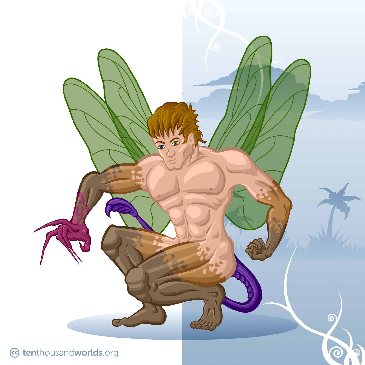 A crouching human-like figure covered in changing skin tones, sprouting translucent green wings, a violet scorpion tail, long scarlet claws growing from the left hand, and mismatched eyes.