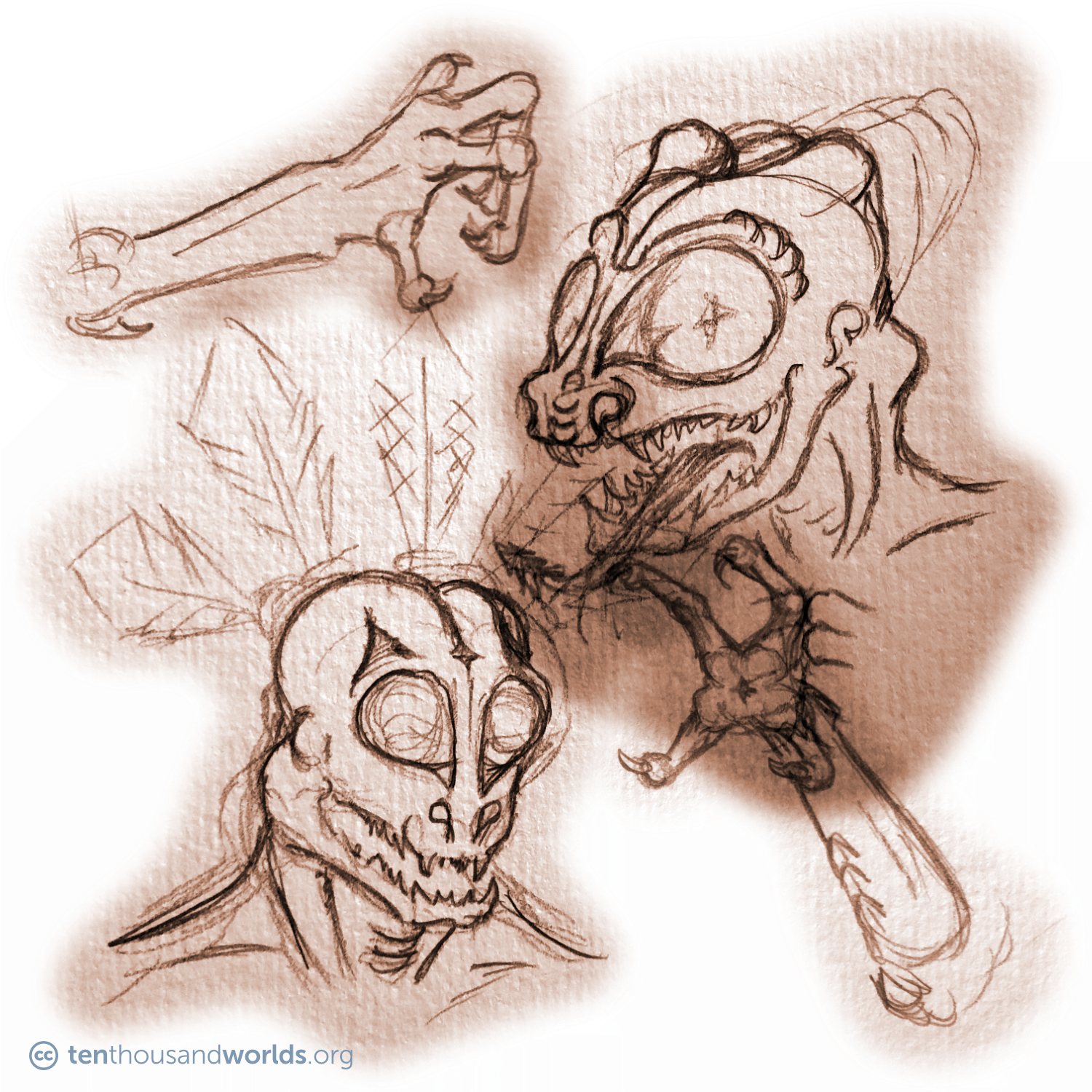 A pair of roughly-sketched, vaguely human-like alien heads with skeletal and reptilian features, and very large eyes. Nearby are four-digit clawed hands and/or feet.