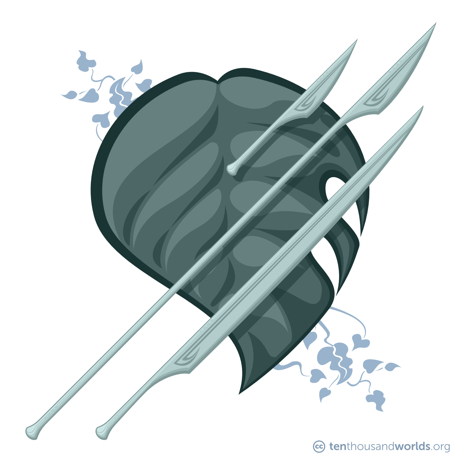 Three weapons, a long knife, a spear, and a sword, with similar-shaped silver-green blades and handles/shafts/hilts, all in different proportions, all calling to mind parts of plants. They all float above a leaf-shaped green-grey shield.