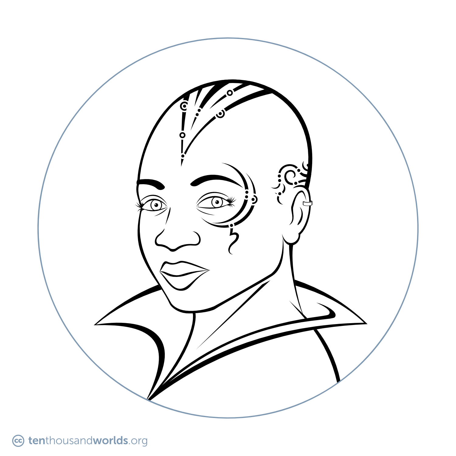 An ink outline of a woman sporting several abstract, geometric tattoos on her shaved head. They are comprised of lines, arcs, dots, and circles. Some curl over her left ear from the back of her hear, others orbit her left eye, and many form a wedge at the top of her skull that points down between her eyes.