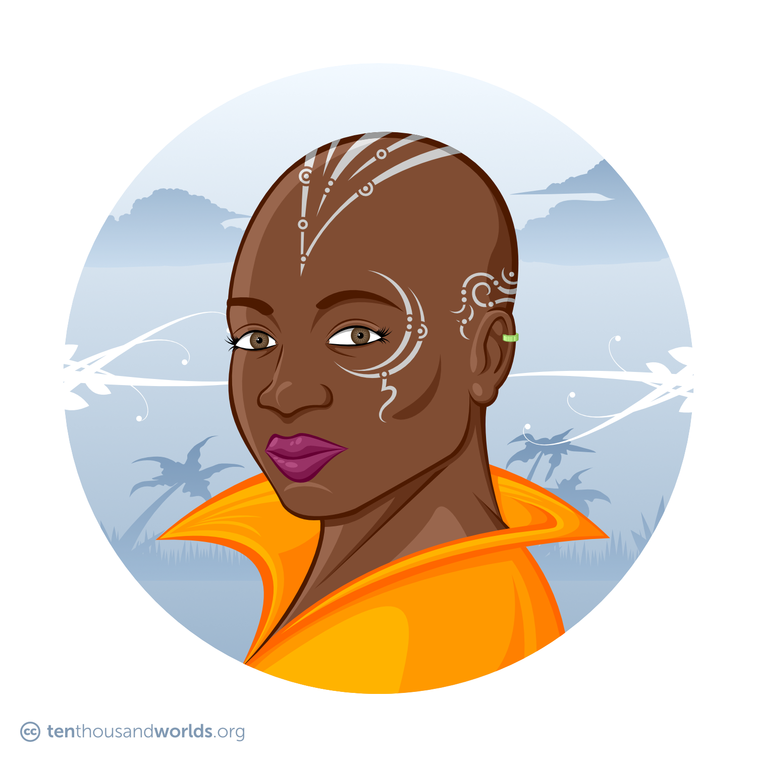 A mahogany-skinned woman with bright orange robes and a jade ear-clip, sporting several silvery, abstract, geometric tattoos on her shaved head. They are comprised of lines, arcs, dots, and circles. Some curl over her left ear from the back of her hear, others orbit her left eye, and many form a wedge at the top of her skull that points down between her eyes.