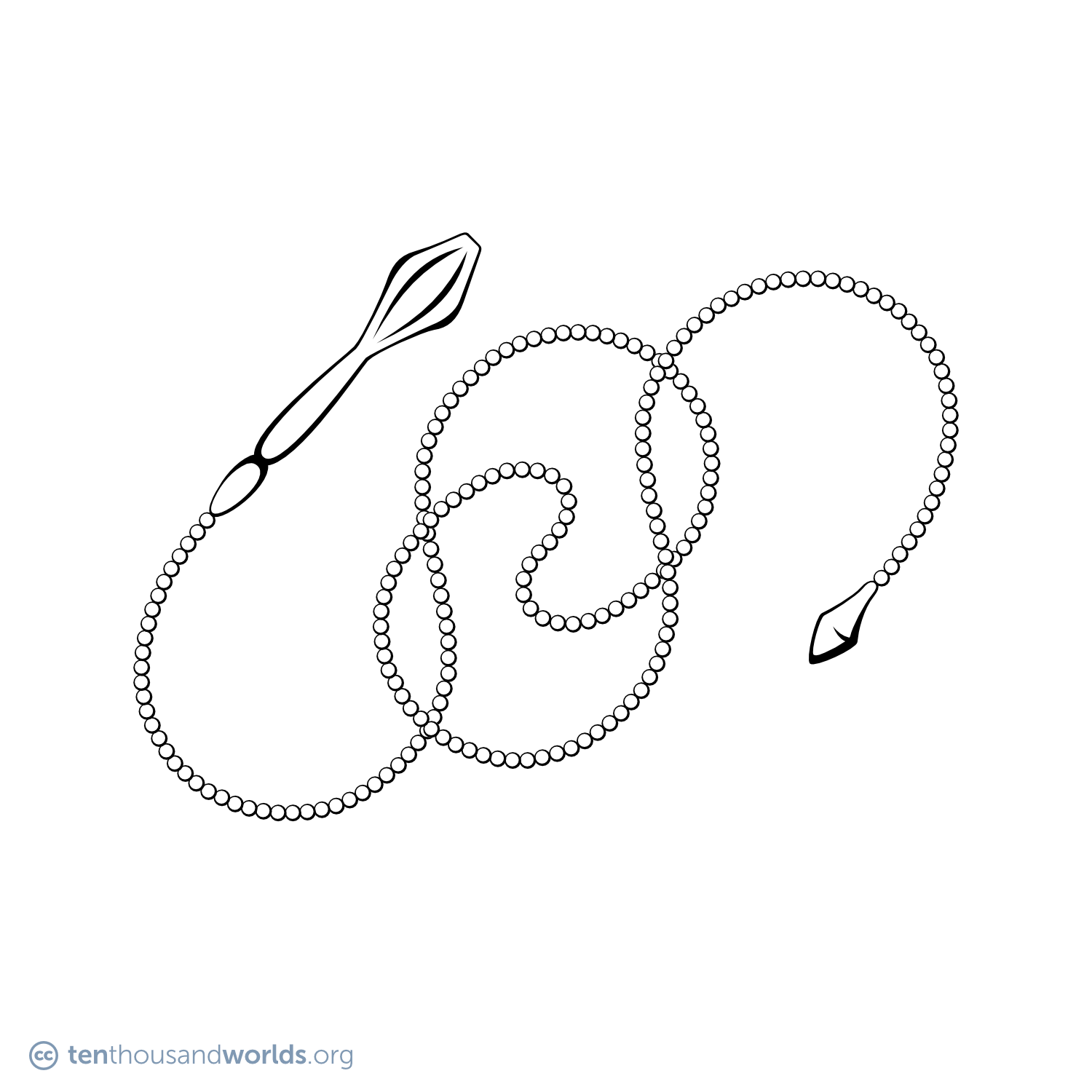 An ink outline of a club and a spindle attached by a long, looping chain.