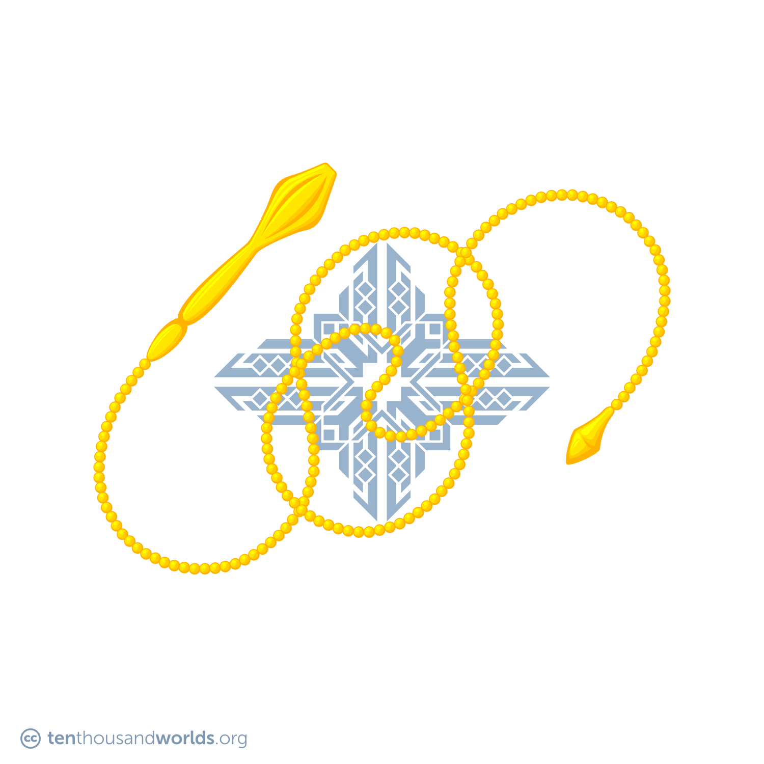 A golden club and a spindle attached by a long, looping chain, whirling over a light grey-blue geometric background.