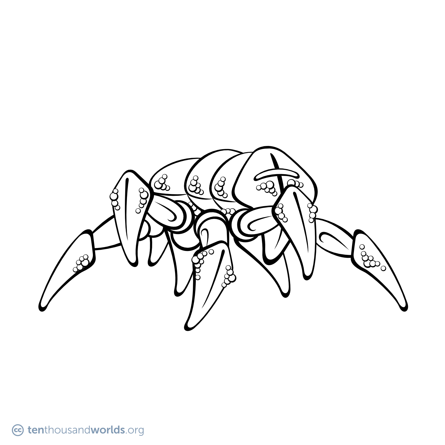 An ink outline of an eight-legged machine resembling a cross between a spider and a crab, with a pebble-like texture, and a face like a tall shield with a viewing slit.