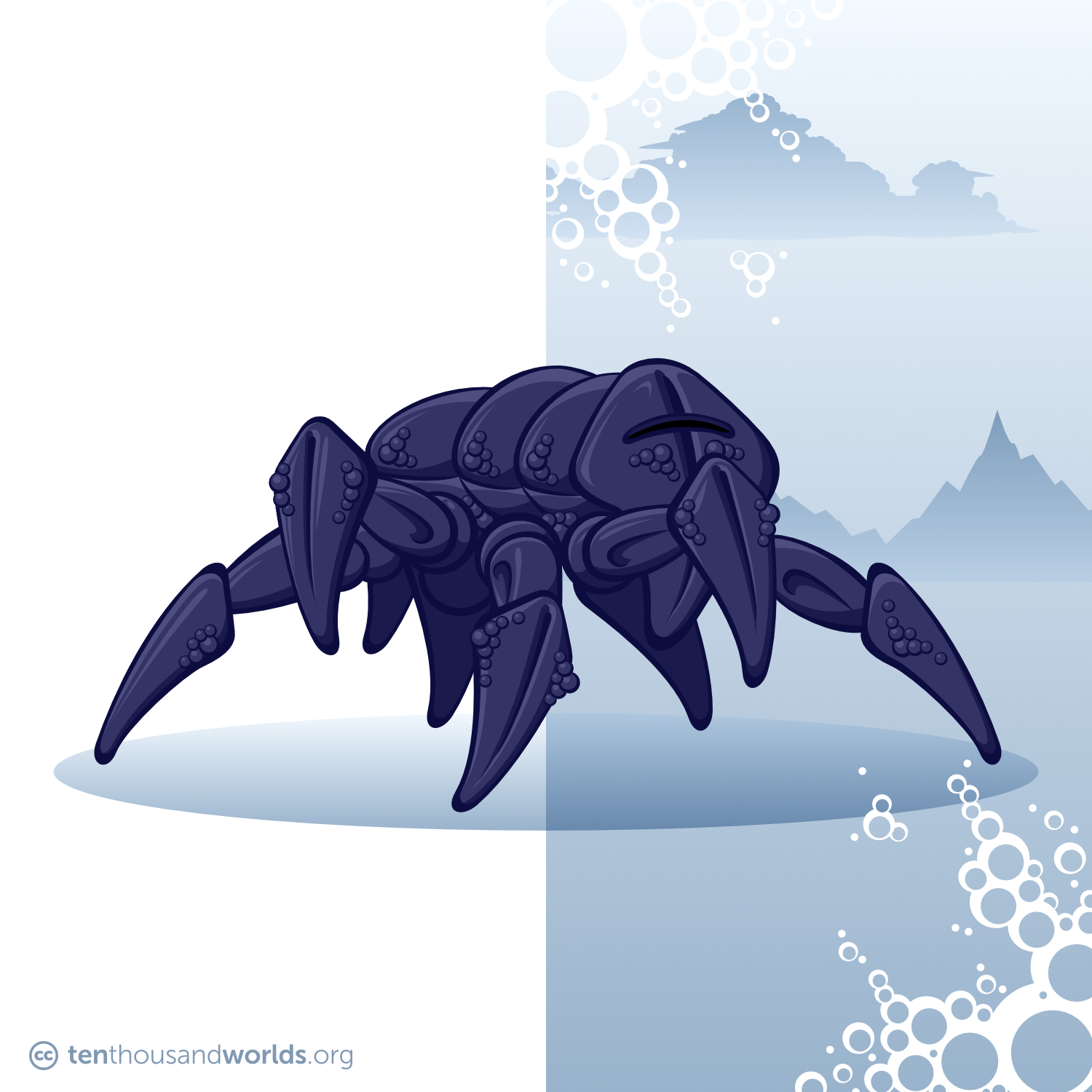 An eight-legged machine resembling a cross between a spider and a crab, covered in a blue black metal with a pebble-like texture, and having a face like a tall shield with a viewing slit.