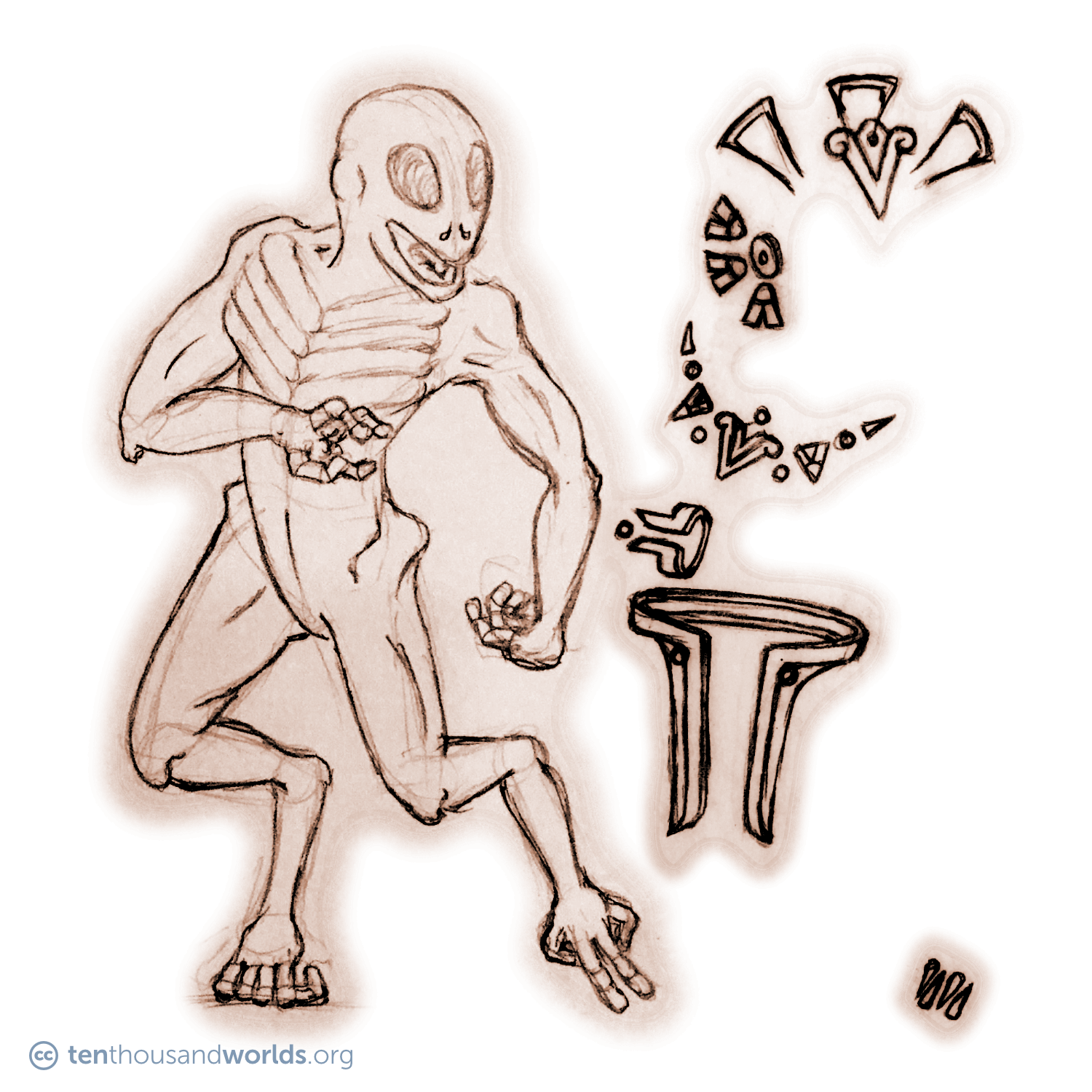 A pencil sketch of a gaunt being with large prominent ribs, legs bearing an extra joint, and a smooth, oval, almost reptilian head. Hooks poke out of its elbows and leg joints. Each limb ends in four rotating thumb-like digits. A long barbed tongue coils in its mouth. Various pieces of geometric jewelry and ornamental float nearby.