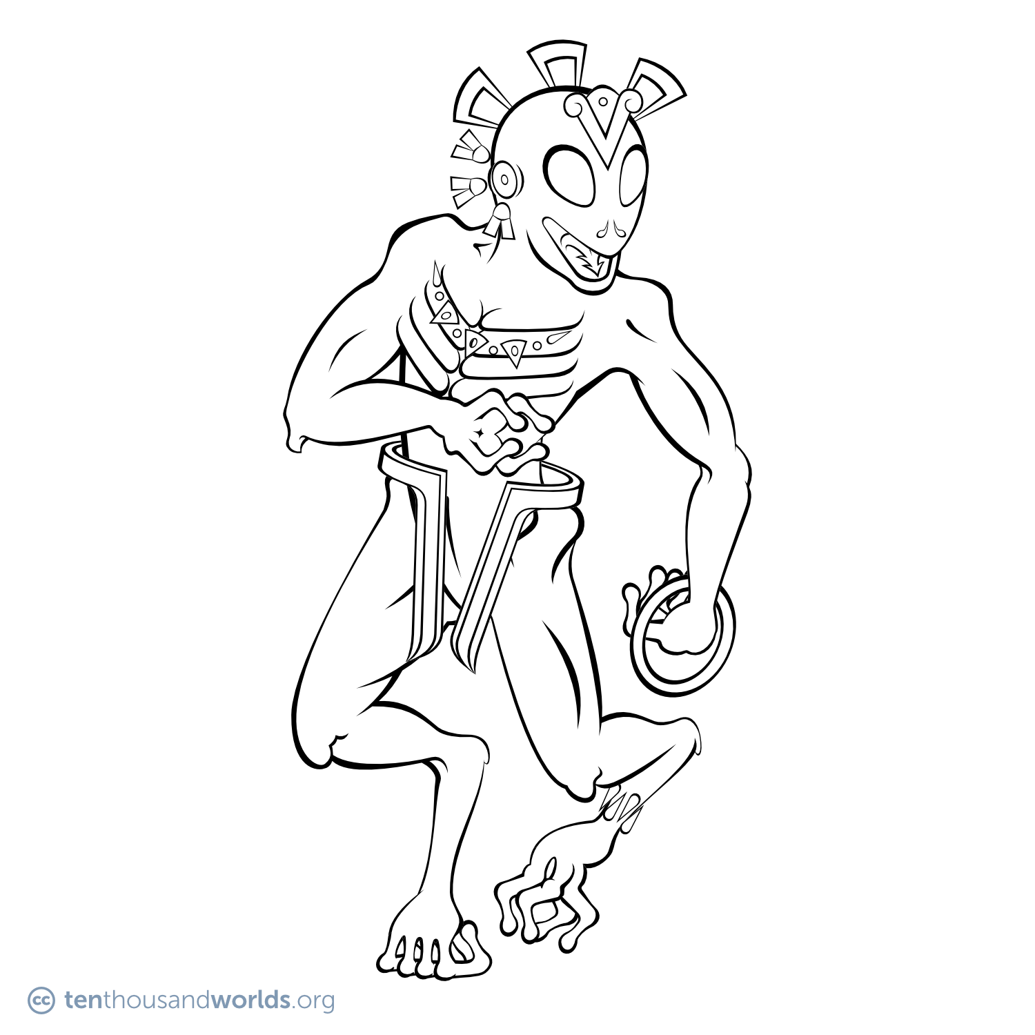 An ink outline of a gaunt being with large prominent ribs, legs bearing an extra joint, and a smooth, oval, almost reptilian head. Hooks poke out of its elbows and leg joints. Each limb ends in four rotating thumb-like digits. A long barbed tongue coils in its mouth. Pieces of geometric ornamentation float in place over its body: a headdress, ear plug, pectoral, hip guards, and anklet. A sharp throwing ring rests in one hand.