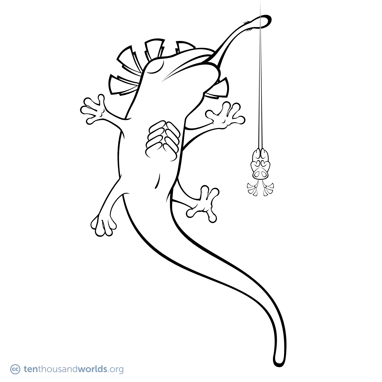 An ink outline of a flying salamander-like creature shoots out a long, barbed frog-like tongue. It has prominent rib-like structures and is wreathed in a headdress of floating triangles. A tiny, grub-like creature, with antennae made of triangles, floats upside-down by a tread.
