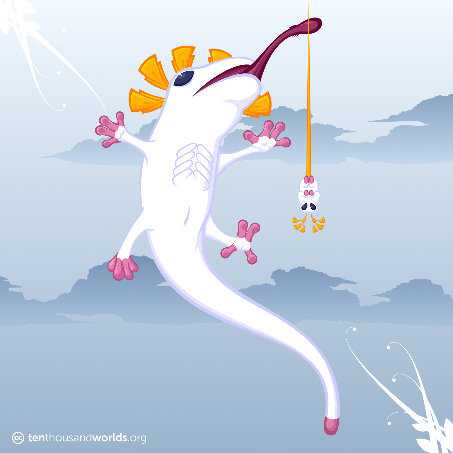 A flying white salamander-like creature shoots out a long, crimson, barbed frog-like tongue. It has prominent rib-like structures, pink digits, and is wreathed in a headdress of floating golden triangles. A tiny, grub-like creature with similar coloring and antennae made of golden triangles, floats upside-down by a gold tread.