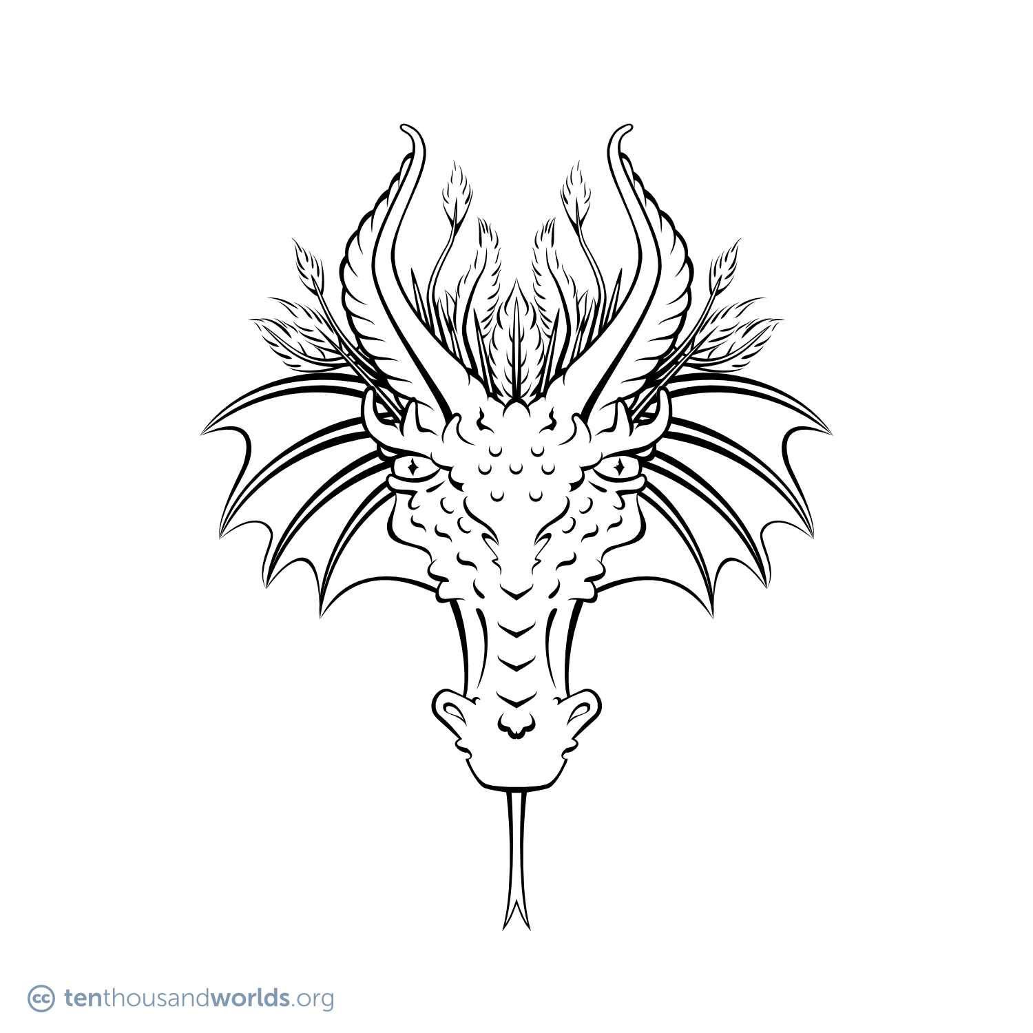 An ink outline of an elongated reptilian face with frills, feathers, spikes, a pair of curved-back horns, and a forked tongue.