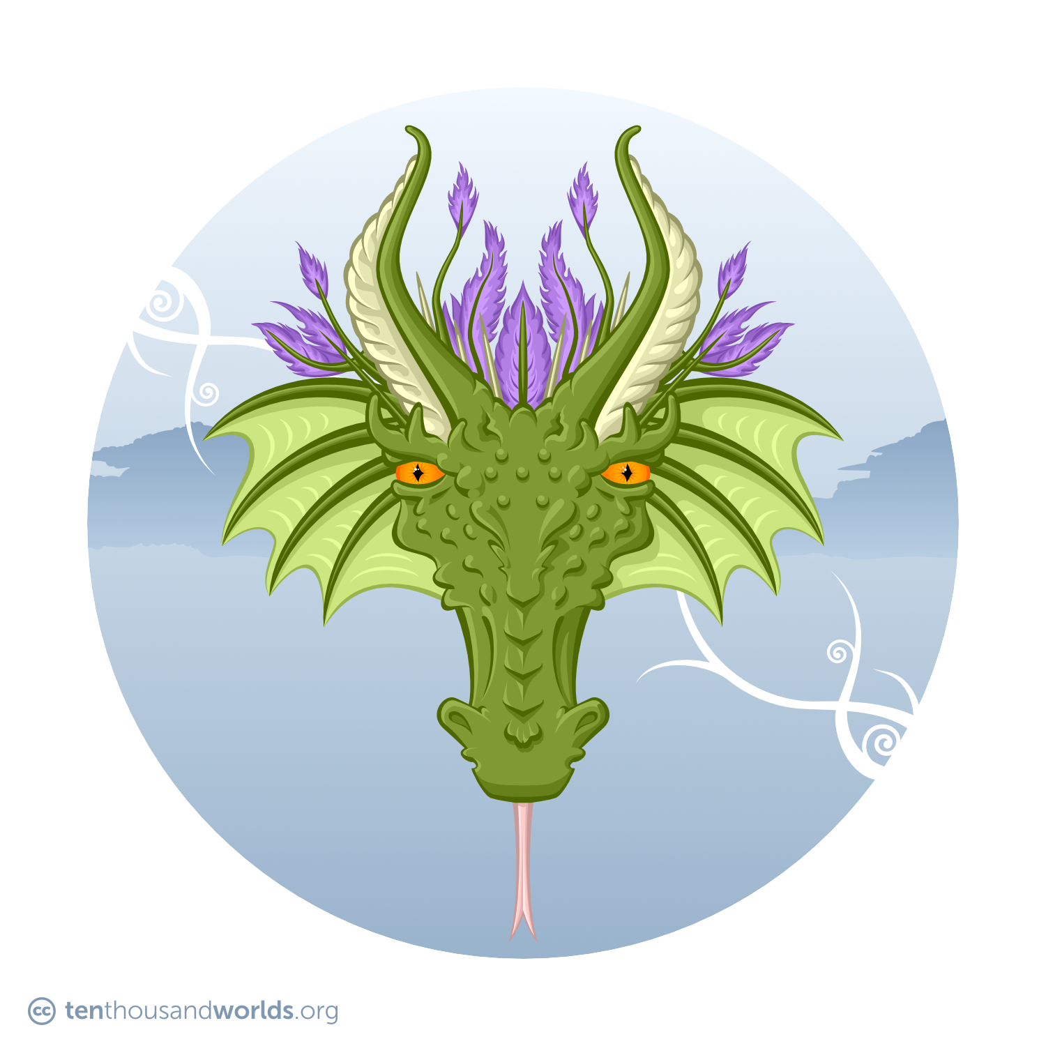 An elongated, green reptilian face with frills, violet feathers, ivory spikes, a pair of curved-back horns, golden eyes, and a forked pink tongue.