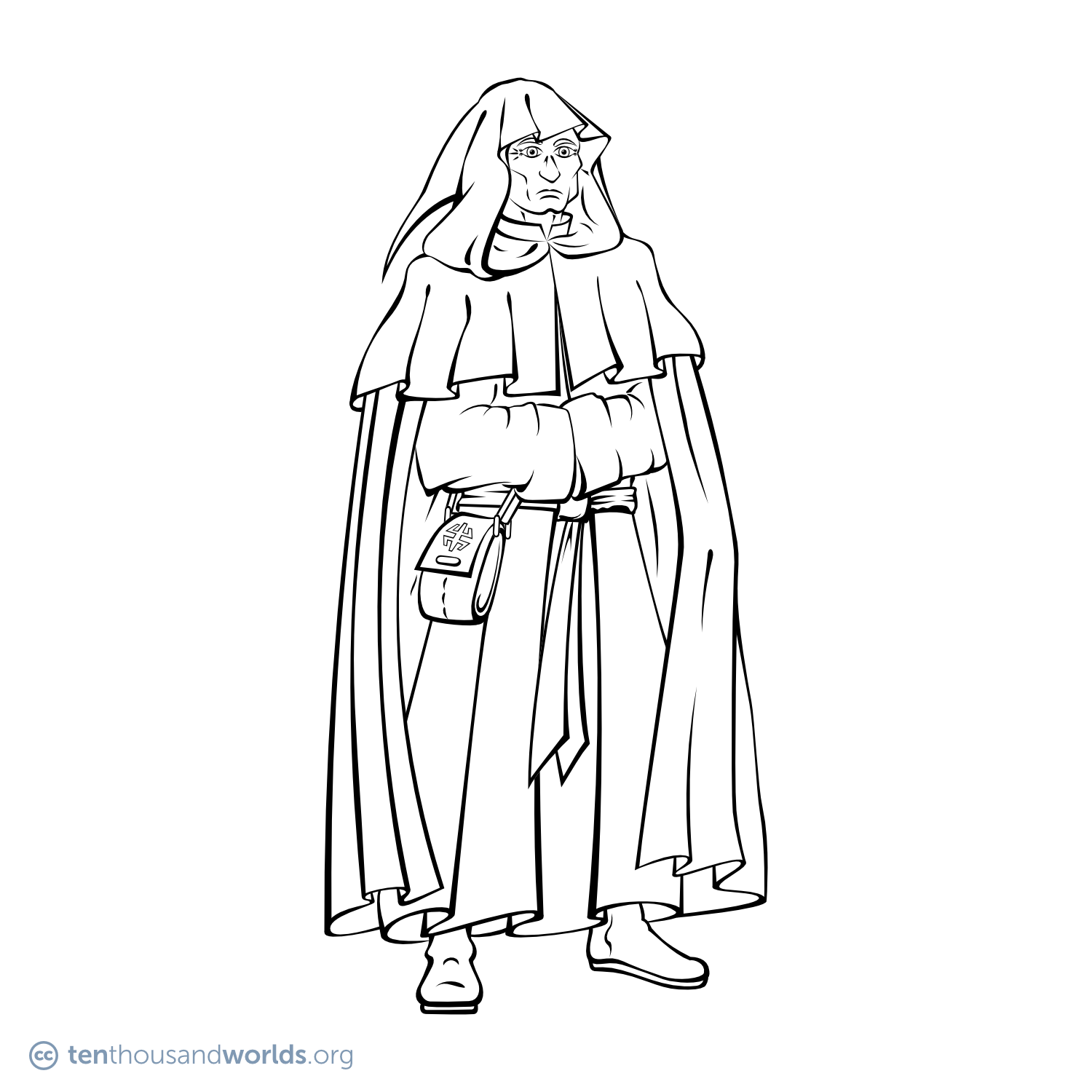 An ink outline of a man with sharp features, dressed in a long robe with a hooded cloak, carrying a small satchel at his side that’s marked with a single rune.