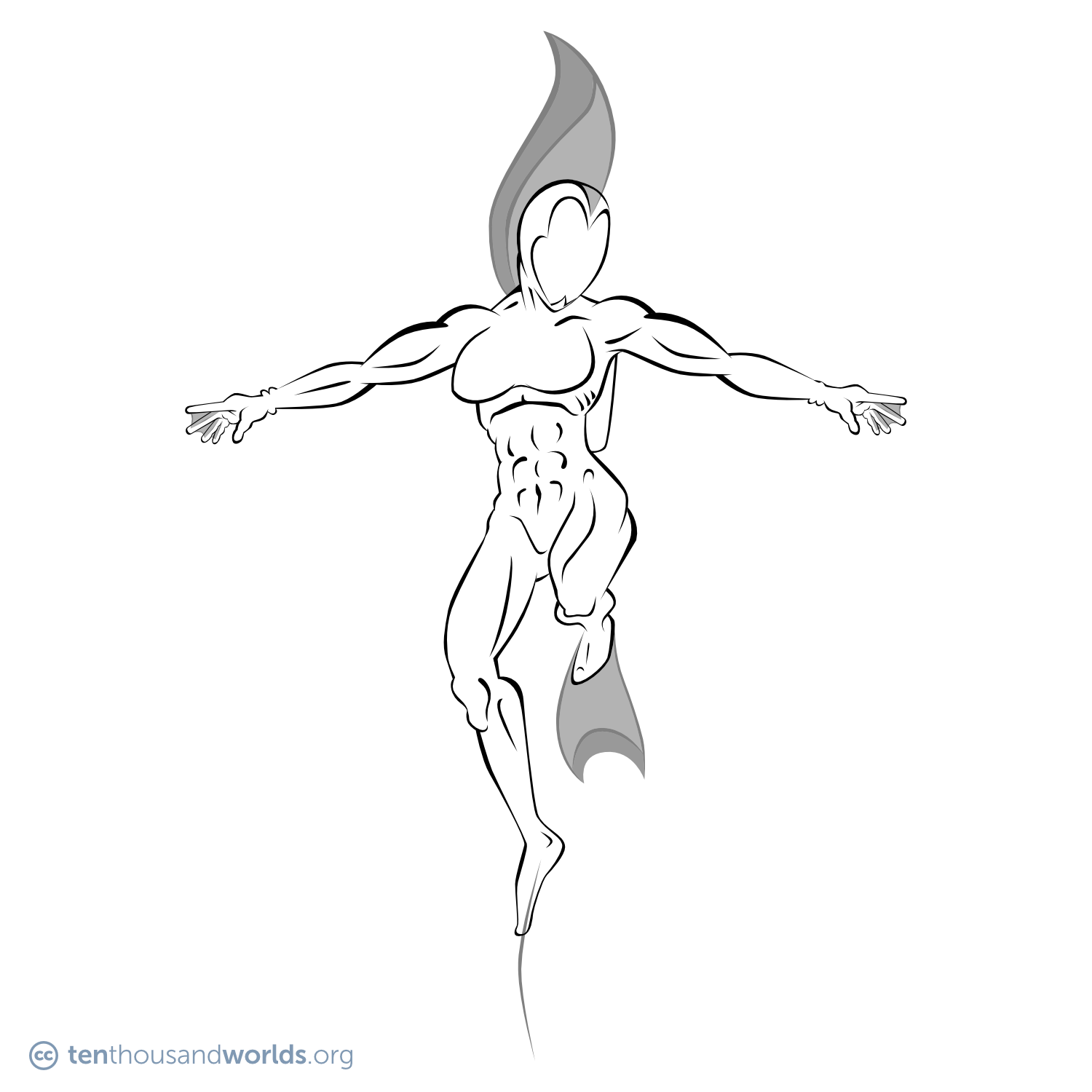A ink outline of a woman in a streamlined diving suit with an oval glass helmet and a large dorsal fin running down the length of the suit.