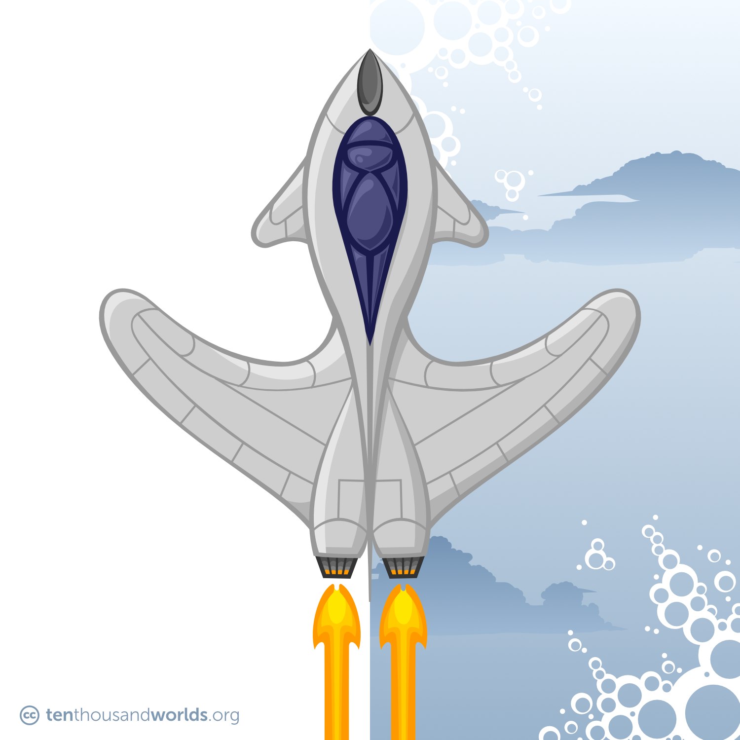 A fanciful silvery jet seen from above, all smooth curves and ellipses, with an almond-shaped cockpit in dark glass, canards, large forward-swept wings, and twin engines spitting orange fire.