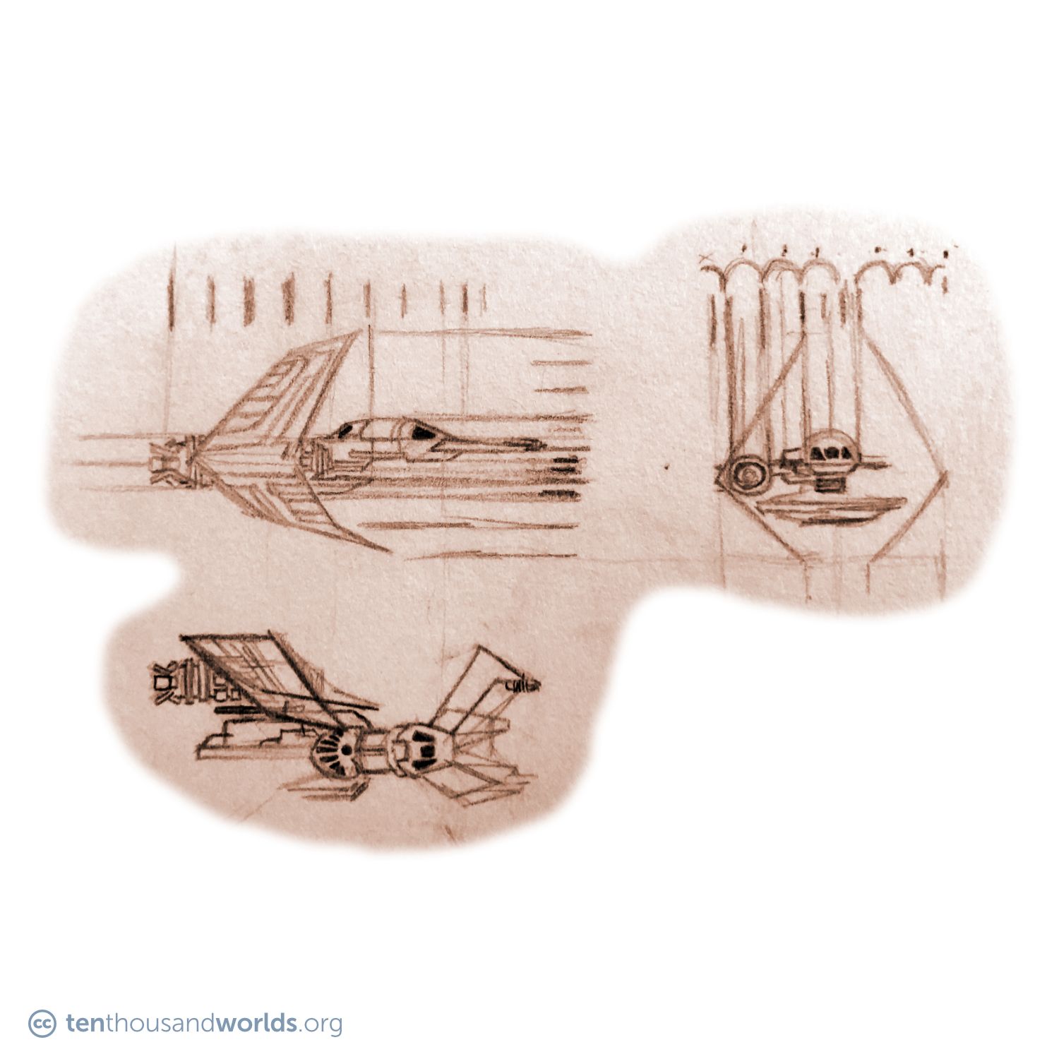 A pencil sketch of a twin-engine spaceship seen from the port side, front, and from above, with a silhouette that looks wildly different in each view, due to the odd angles and shapes of its bent wings, canards, and secondary hull.