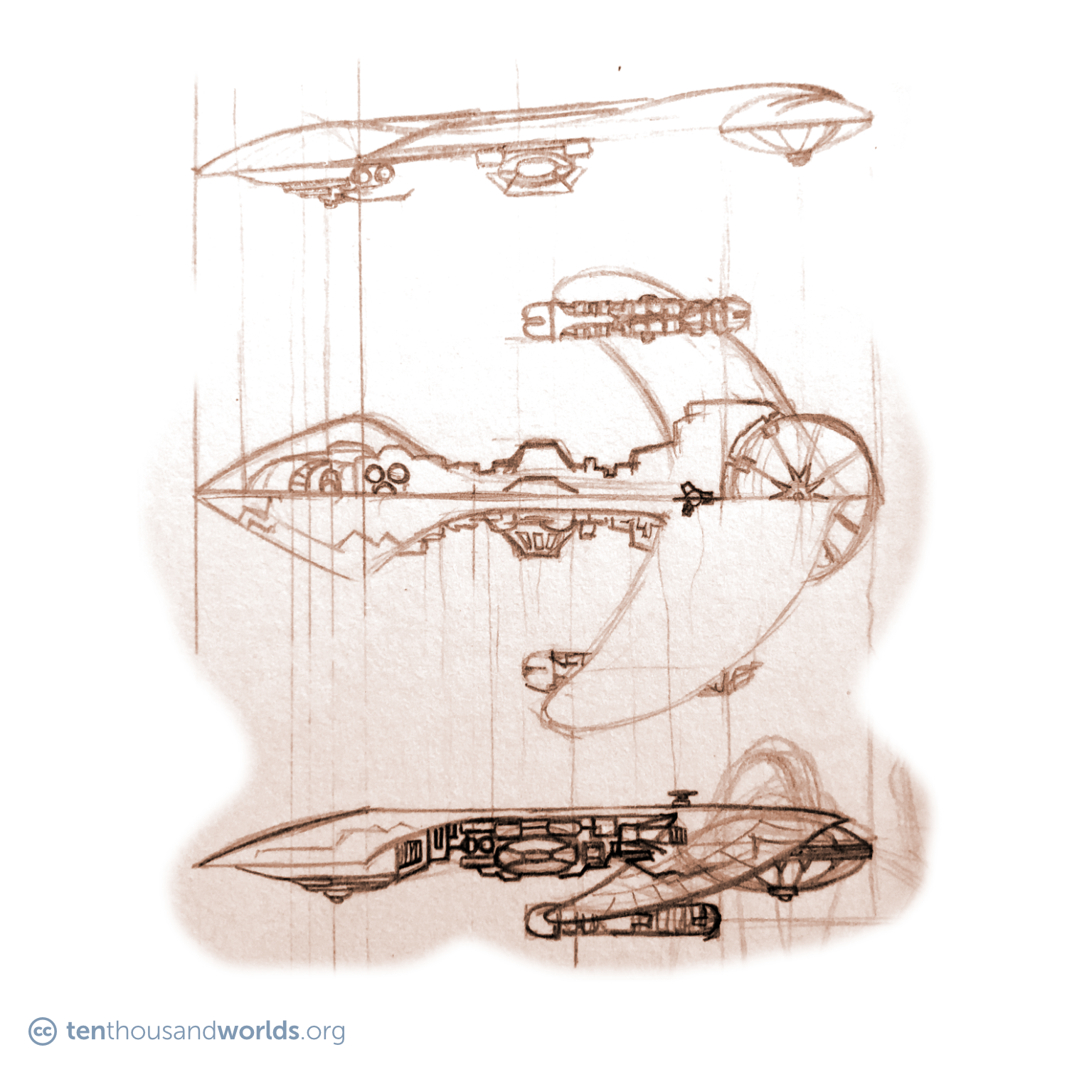 A pencil sketch showing views of the top and port (left) sides of a spaceship. The front is shaped like an arrowhead. The back is one large crescent wing from which two engines hang. Between and underneath each end are dozens of boxy interconnected compartments.