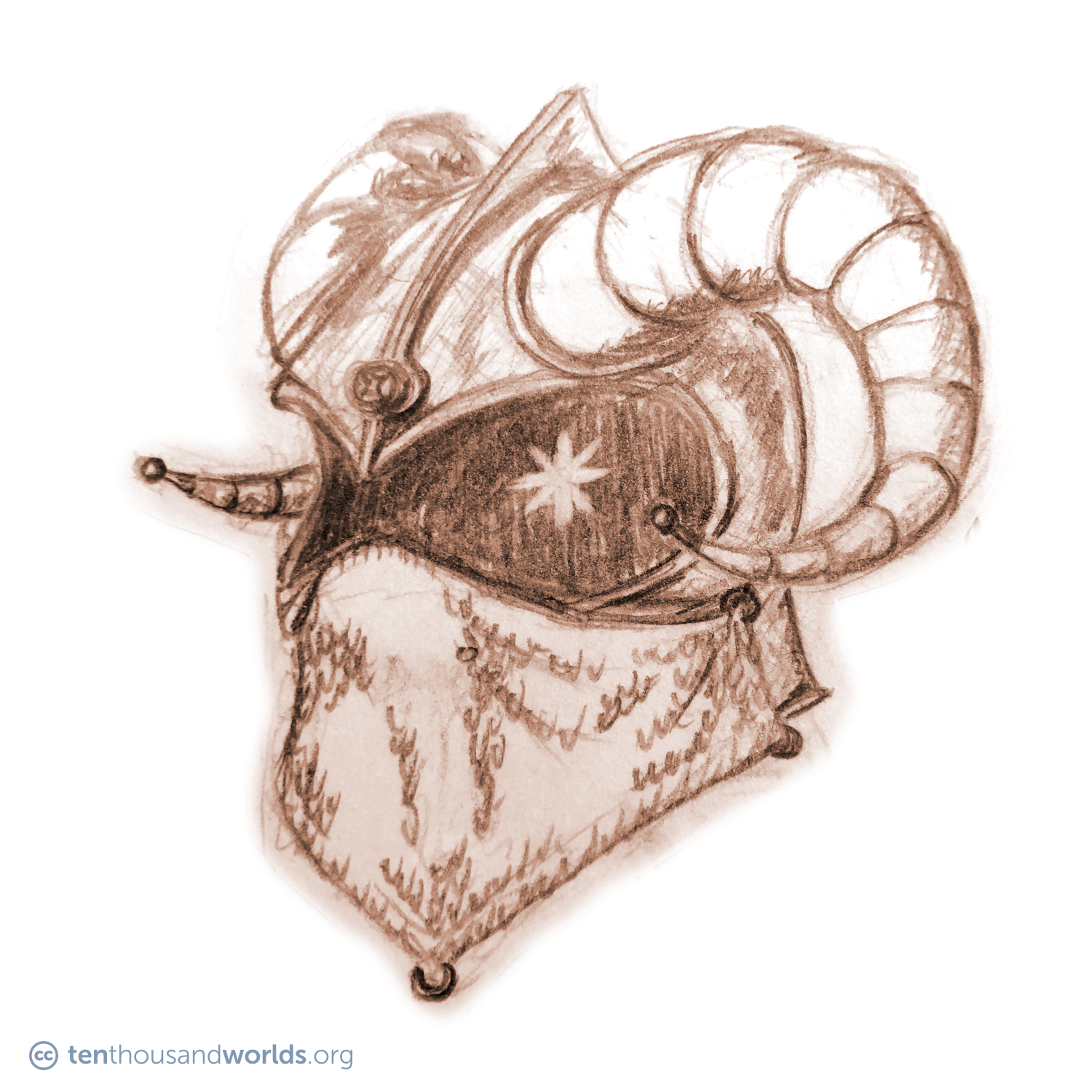 A pencil sketch of a bullet-shaped helmet adorned with a central fin, a jewel set in the forehead, and a massive pair of ram’s horns. A chain-mail veil protects the area around the nose and mouth. An eerie light glimmers deep within the left eye hole.
