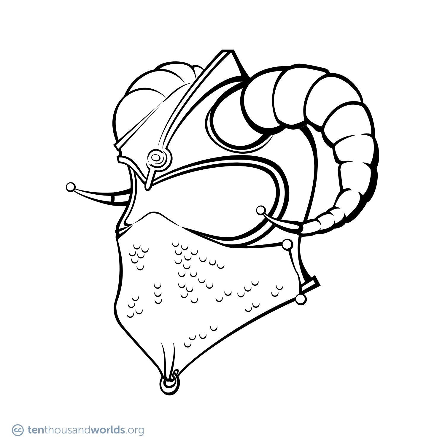 An ink outline of a bullet-shaped helmet, adorned with a central fin, a jewel set in the forehead, and a massive pair of ram’s horns. A chain-mail veil protects the area around the nose and mouth.