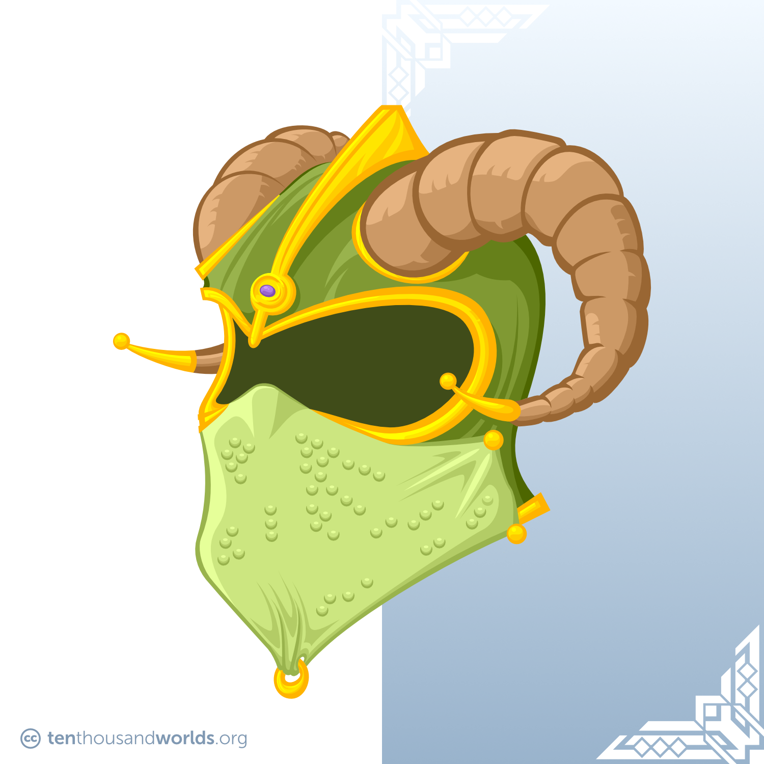 A bullet-shaped green-painted helmet with gold accents, adorned with a central fin, a purple jewel set in the forehead, and a massive pair of gold-tipped ram’s horns. A chain-mail veil protects the area around the nose and mouth.