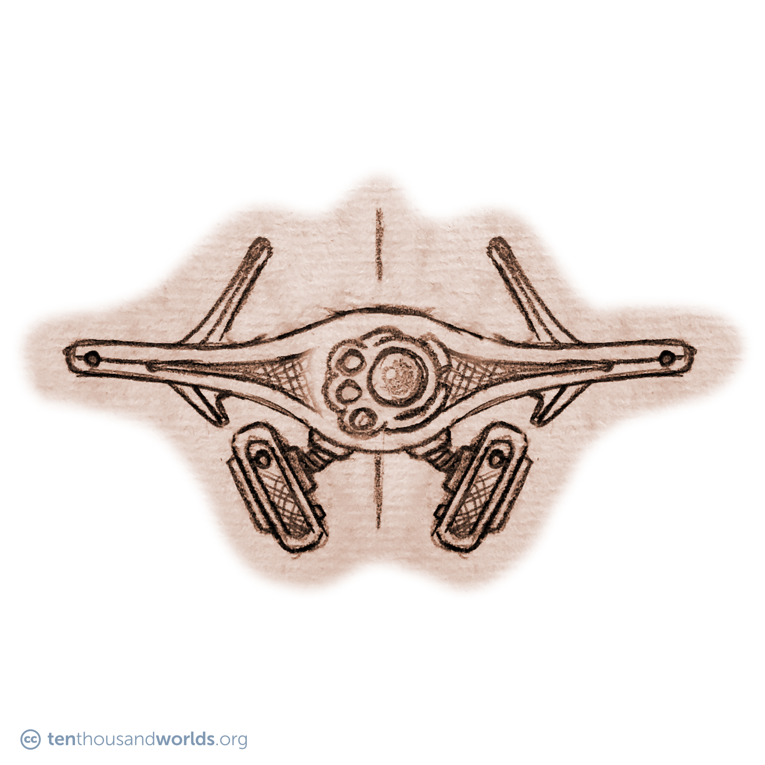 A pencil sketch of a flying delta-wing-shaped robot seen edge-on, from the front. The center bulges out to hold a cluster of camera eyes. Halfway along each side, a short fin projects down while a larger fin projects up. Two rectangular guns are slung under the center of the wing by a pair of articulated arms.