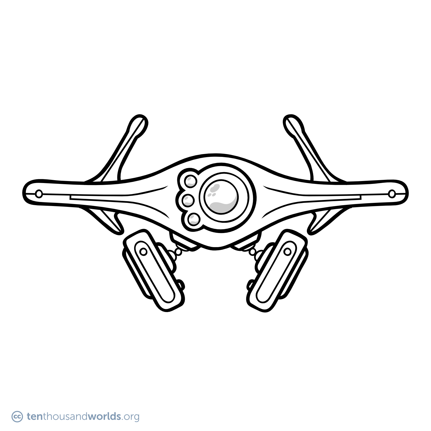 An ink outline of a flying delta-wing-shaped robot seen edge-on, from the front. The center bulges out to hold a cluster of camera eyes. Halfway along each side, a short fin projects down while a larger fin projects up. Two rectangular guns are slung under the center of the wing by a pair of articulated arms.