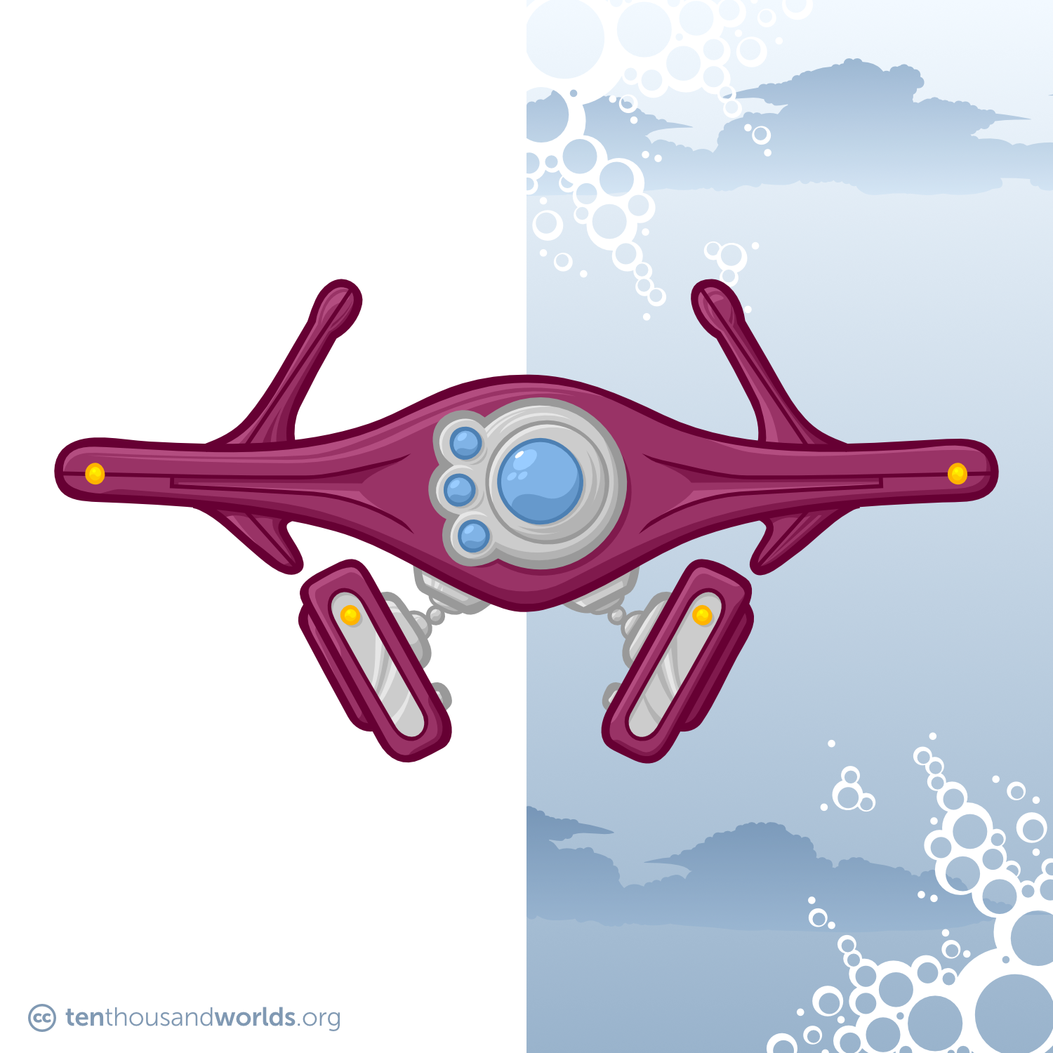 A flying delta-wing-shaped robot in maroon and chrome, seen edge-on, from the front. The center bulges out to hold a cluster of camera eyes reflecting the sky. Halfway along each side, a short fin projects down while a larger fin projects up. Two rectangular guns are slung under the center of the wing by a pair of articulated arms.