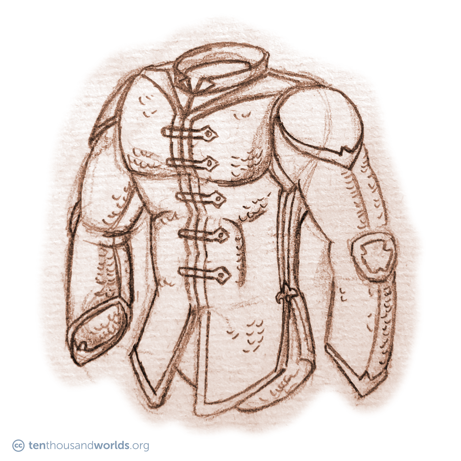 A pencil sketch of a shirt of scale mail with decorative trim and fasteners, and large metal plates at the shoulders and elbows.