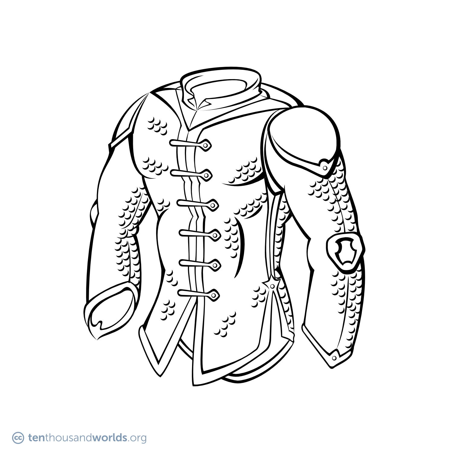 An ink outline of a shirt of scale mail with decorative trim and fasteners, and large metal plates at the shoulders and elbows.