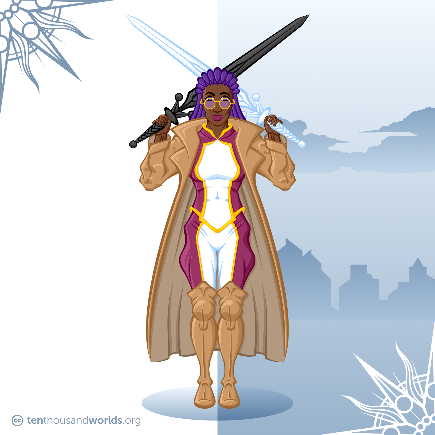 A warrior wearing a double-breasted top and jodhpurs in white and maroon with gold piping, high tan boots, and a long tan coat; sporting violet dreadlocks that gather and tumble down her back; wielding twin swords: one white and one black.