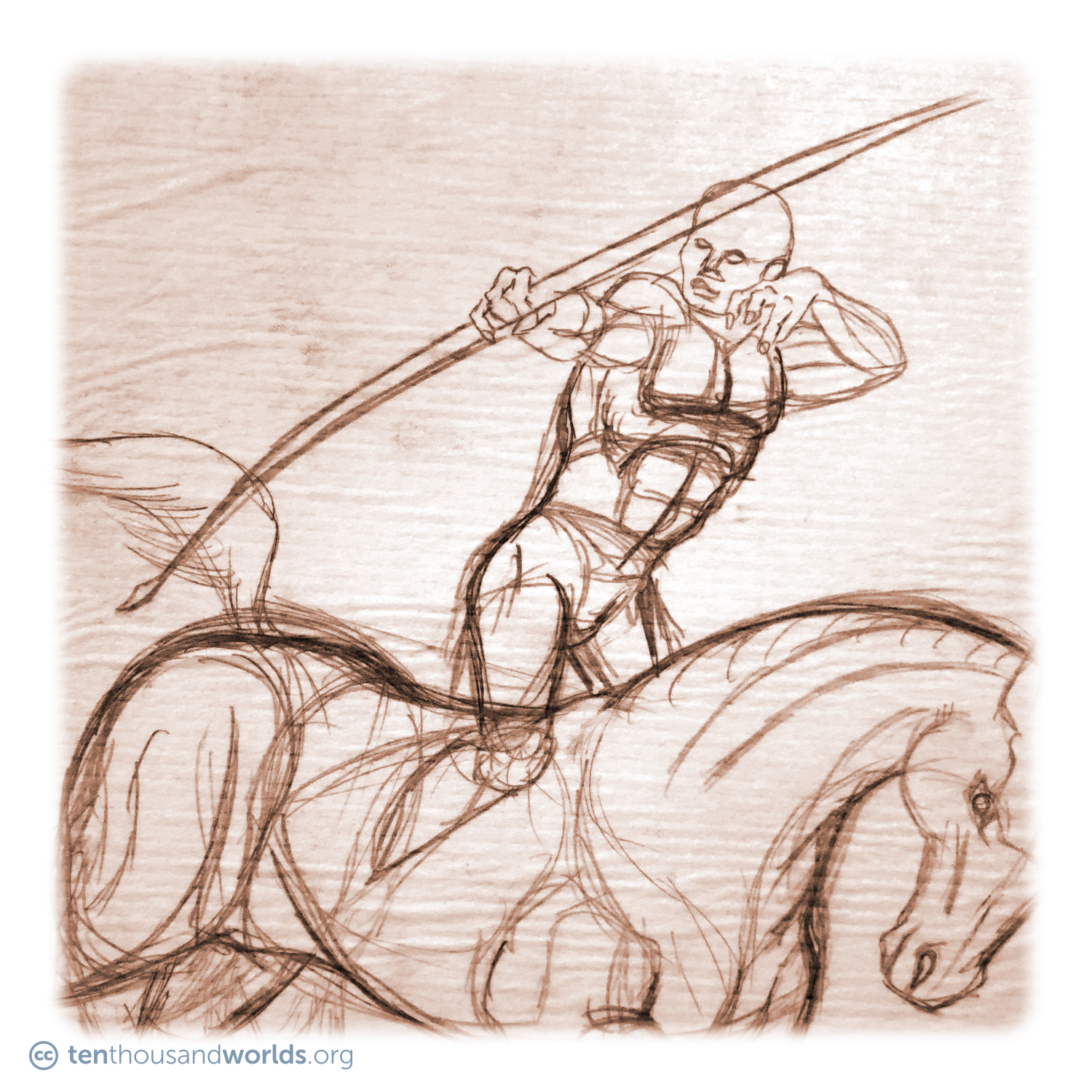 A rough pencil sketch of a human figure shooting a bow while riding a galloping horse.