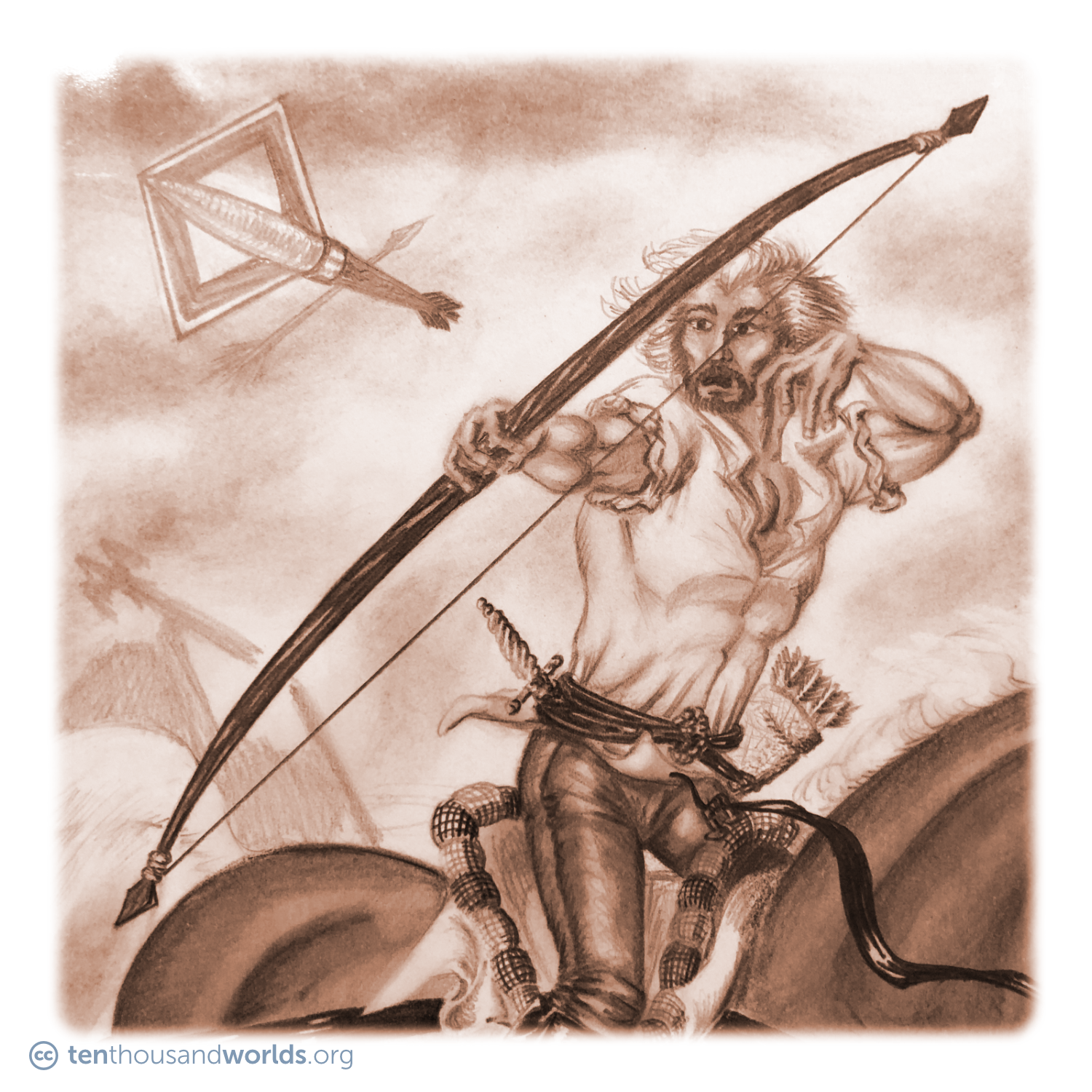 A pencil illustration of a man firing an arrow from a bow while riding a horse, with signs of a battle in the fog behind him.