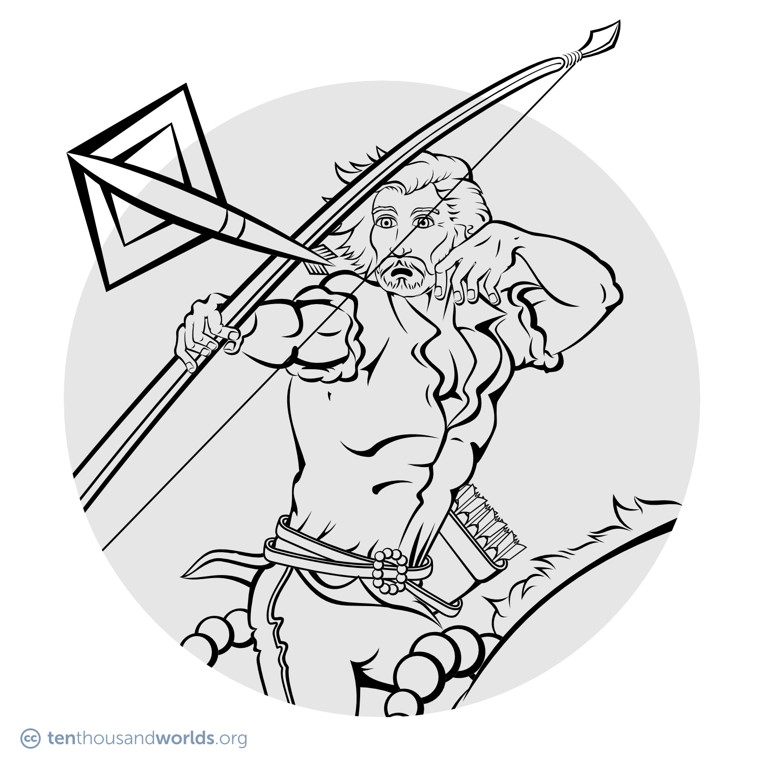 An ink outline of a man firing an arrow from a bow while riding a horse.