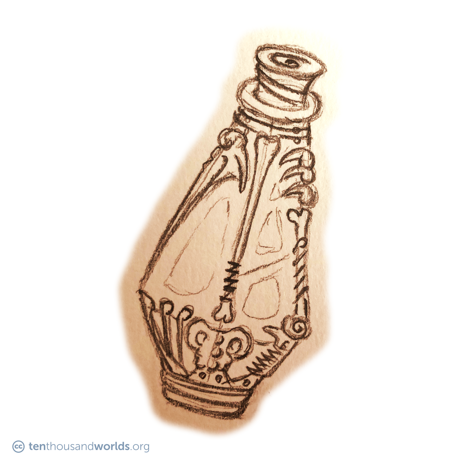 A pencil sketch of a tall, intricately decorated stoppered bottle made of fused glass, metal and bone.