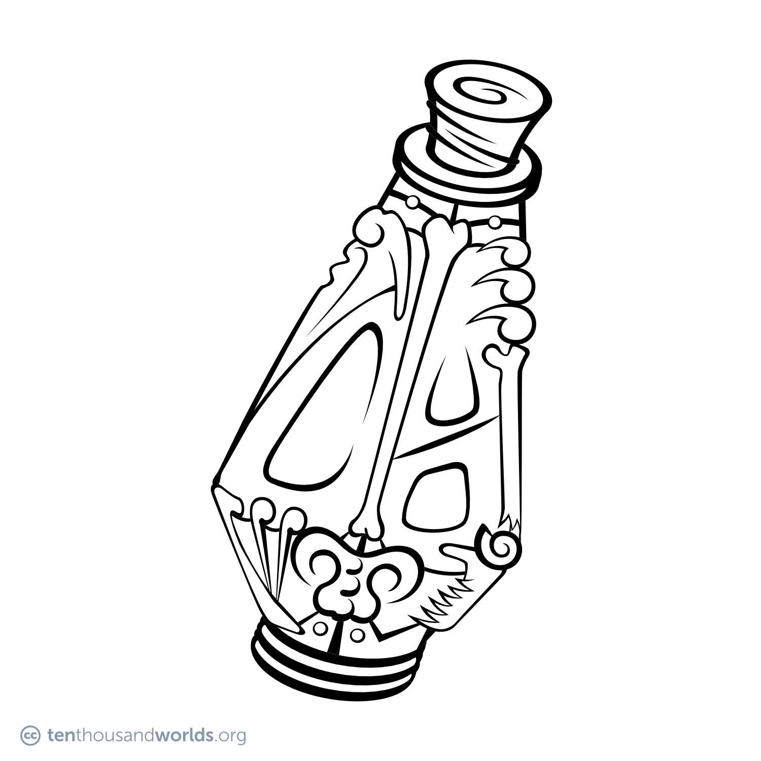 An ink outline of a tall, intricately decorated stoppered bottle made of fused glass, metal and bone.