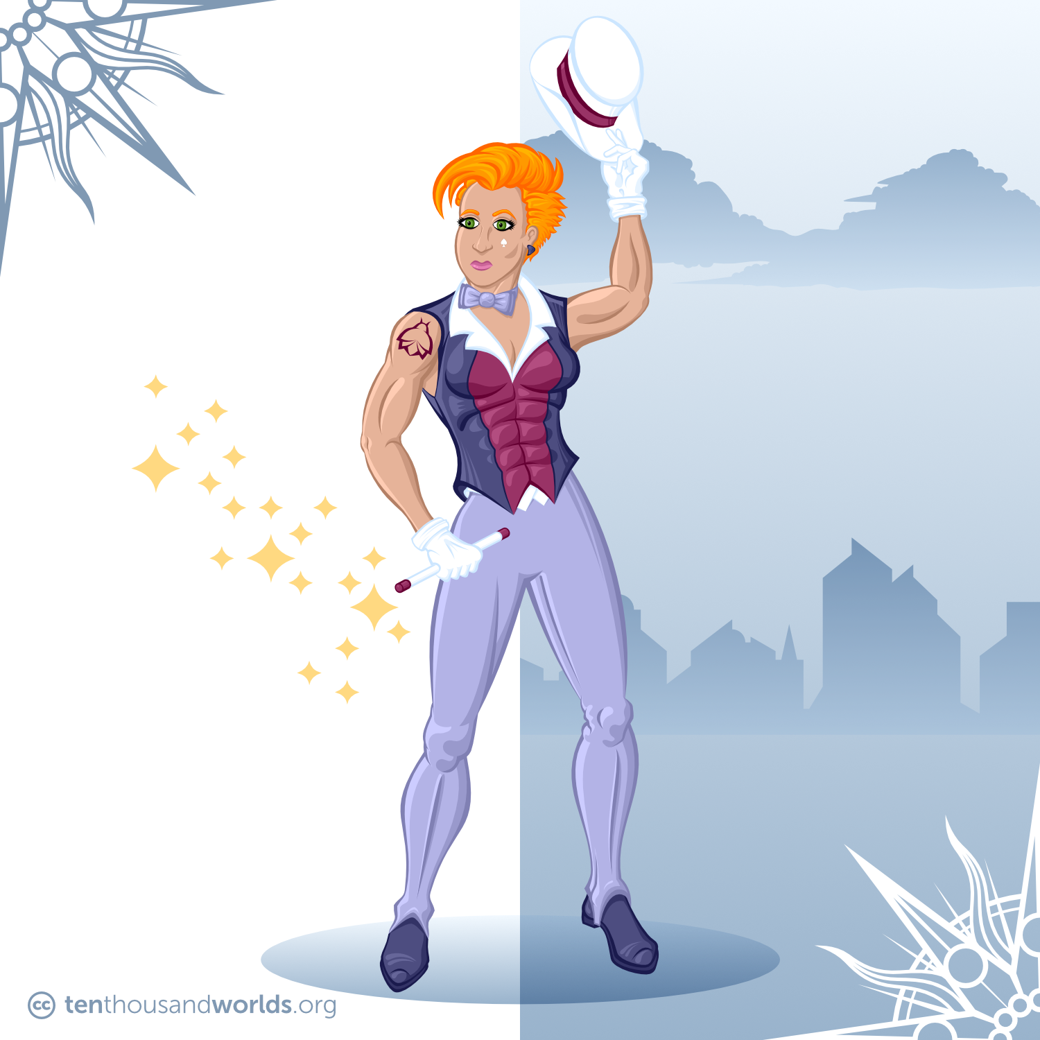 A woman with an asymmetrical orange hairstyle wearing an updated stage magician’s costume in violets and reds. She holds a white wand in one hand and raises her white top hat with the other. There’s a silvery-white spade painted on her cheek, and one shoulder bears an abstract red tattoo.