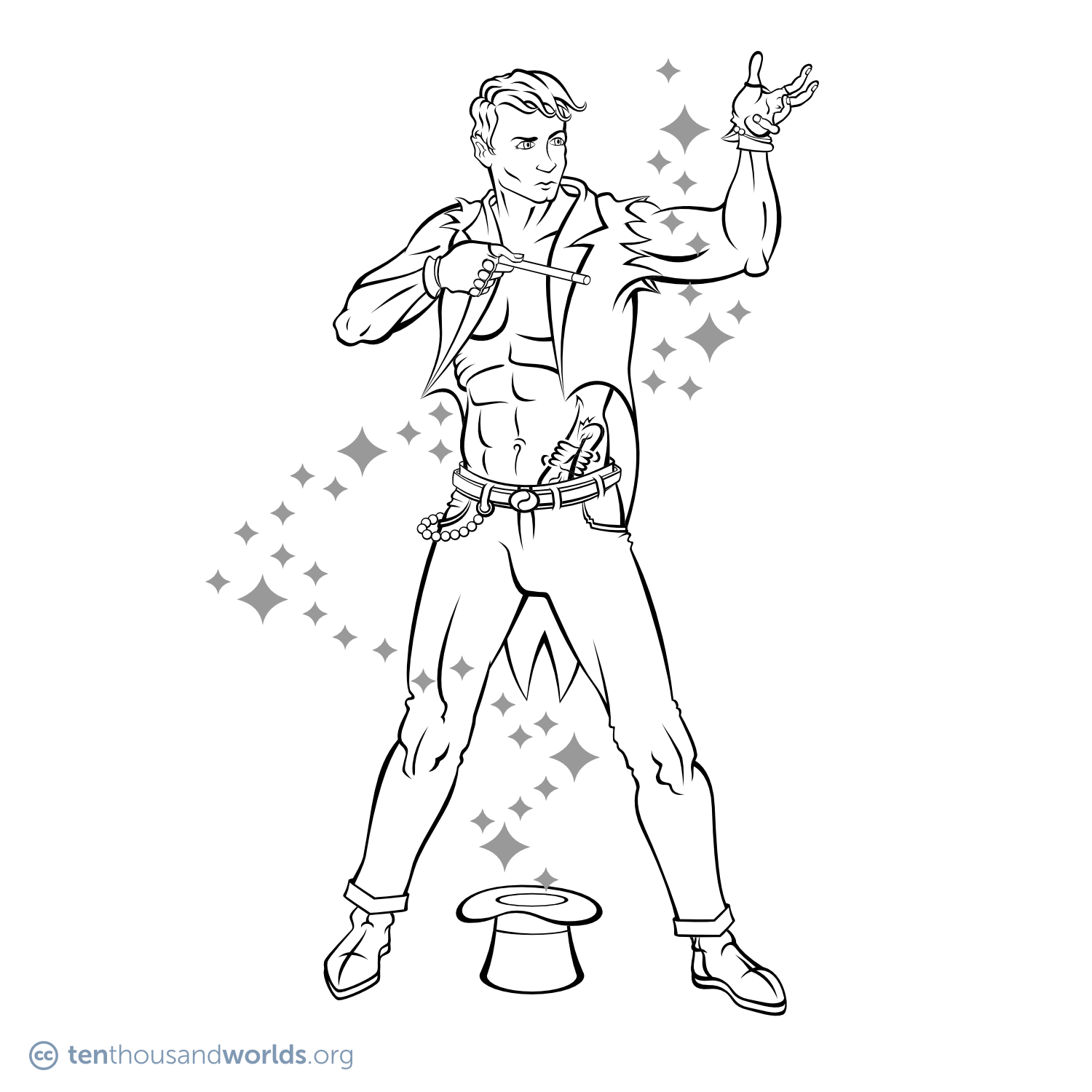 An ink outline of a stage magician wearing a tuxedo coat with torn-off sleeves, jeans, boots, and fingerless gloves waves a wand while standing straddled over an upturned top hat, from which a trail of sparks spirals up around him.