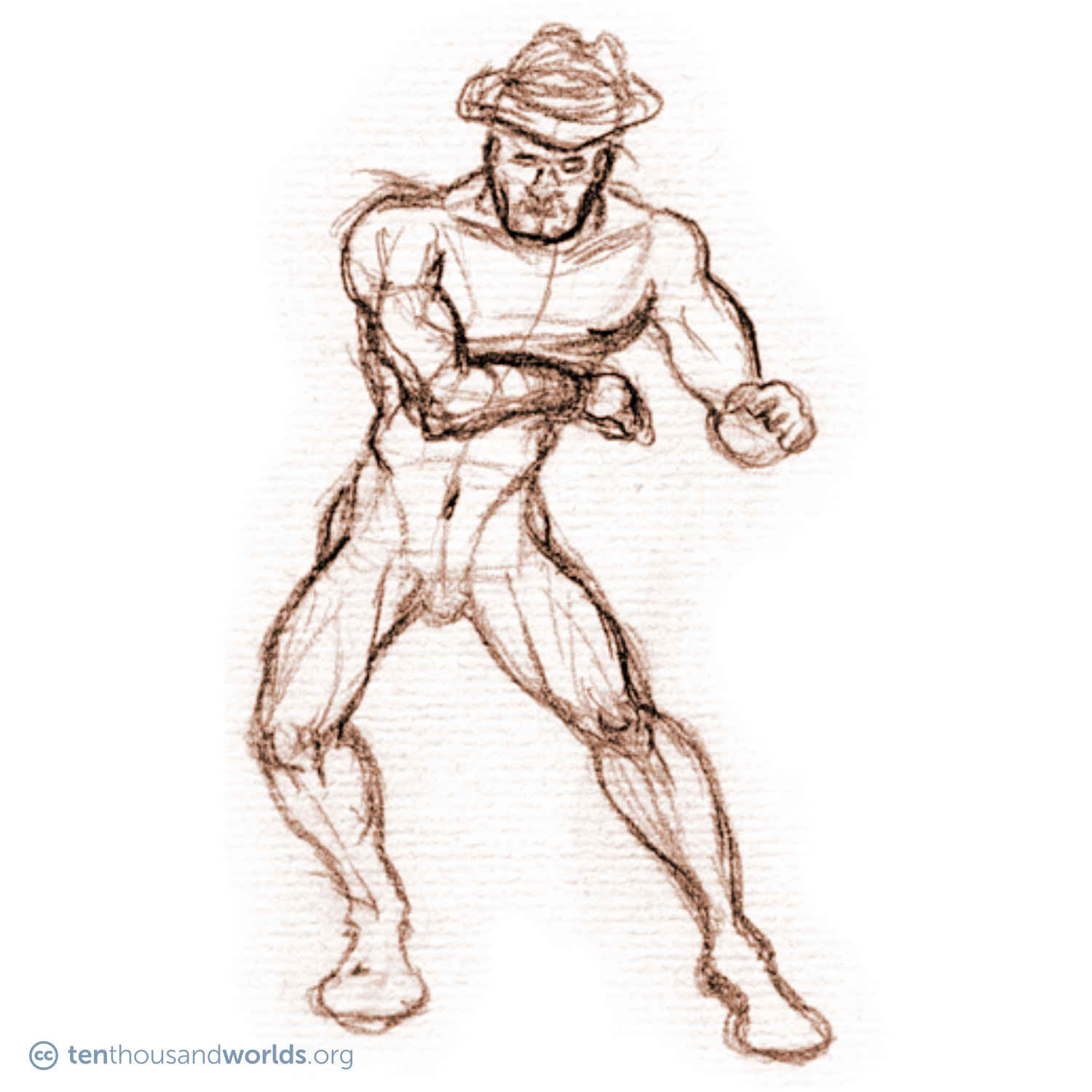 A rough pencil sketch of a man wearing a fedora, going through the motions of opening a coat and reaching for something within.