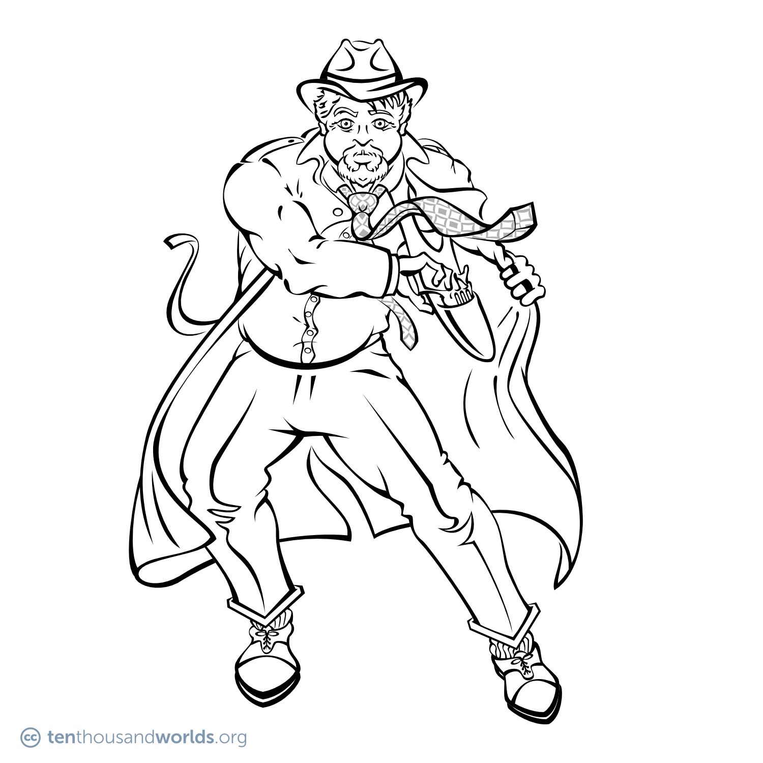 An ink outline of a burly bearded man in a fedora and flapping tie pulls open his coat to withdraw a revolver from its shoulder holster.