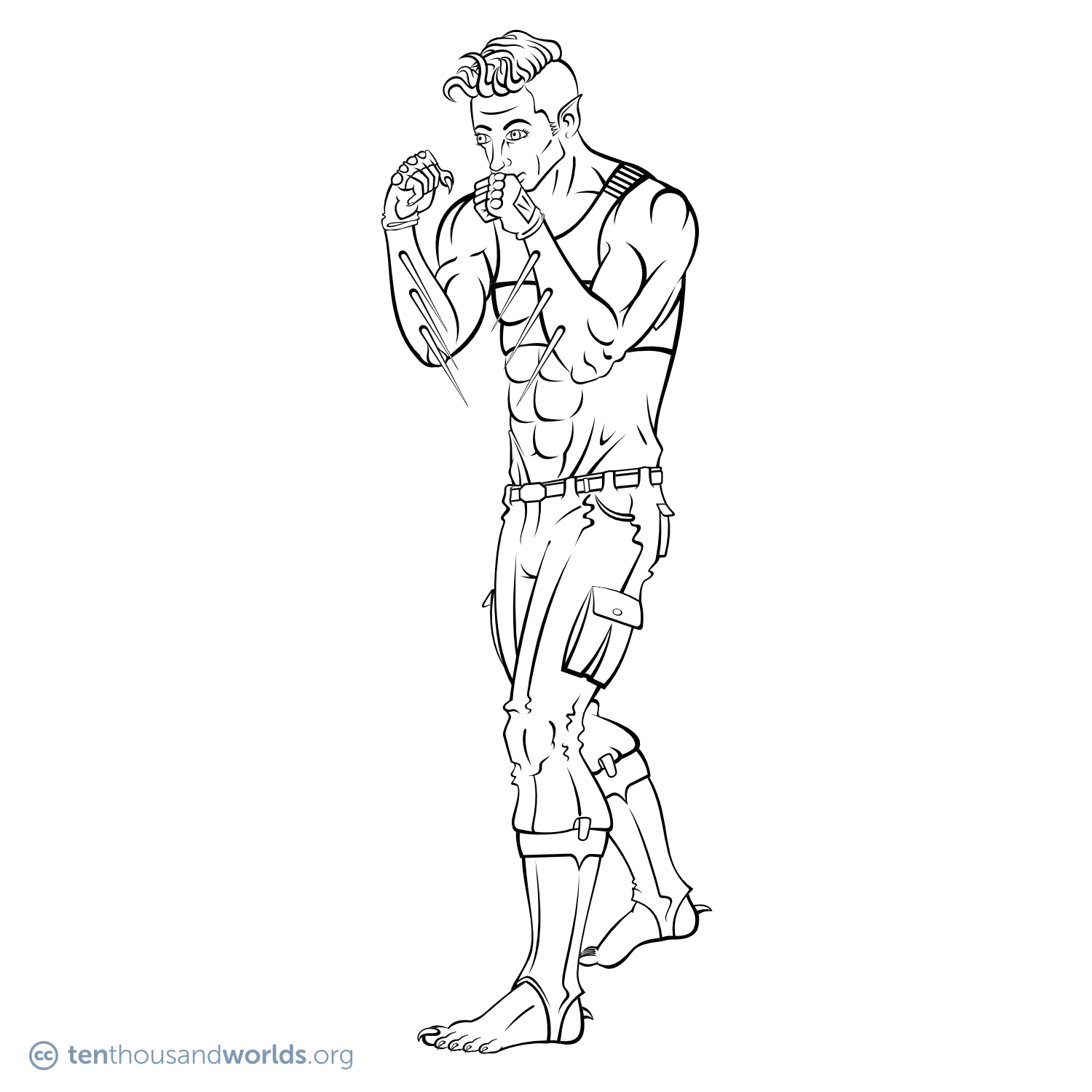 An ink outline of a mostly-human man in a boxer’s stance, with pointed ears, claws, foot spurs, and long spines coming from his forearms. He wears an athletic shirt and military-style trousers tucked into spats that leave exposed the natural weapons on his feet.